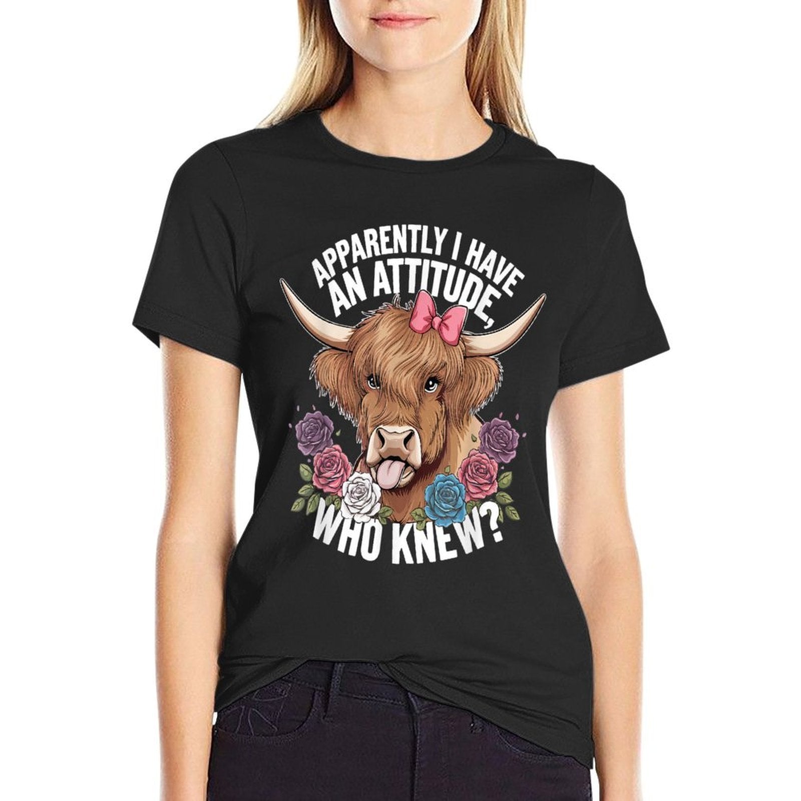 Apparently I Have An Attitude Who Knew Sarcasm Highland Cow  Ribbed Collar T-Shirt