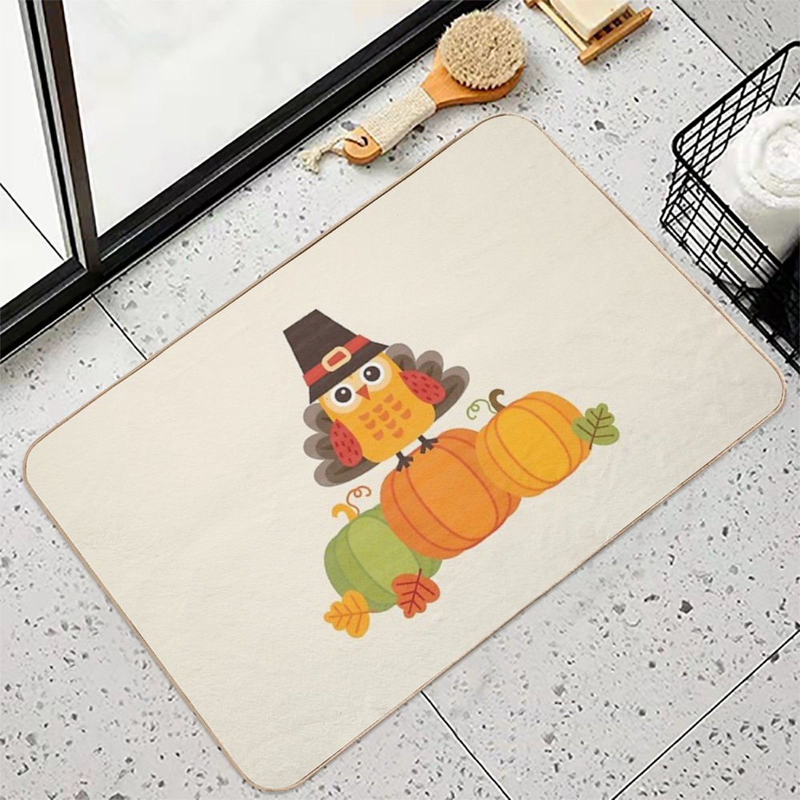 Thanksgiving Owl in Turkey Costume on Pumpkins  Absorbent Bath Mat