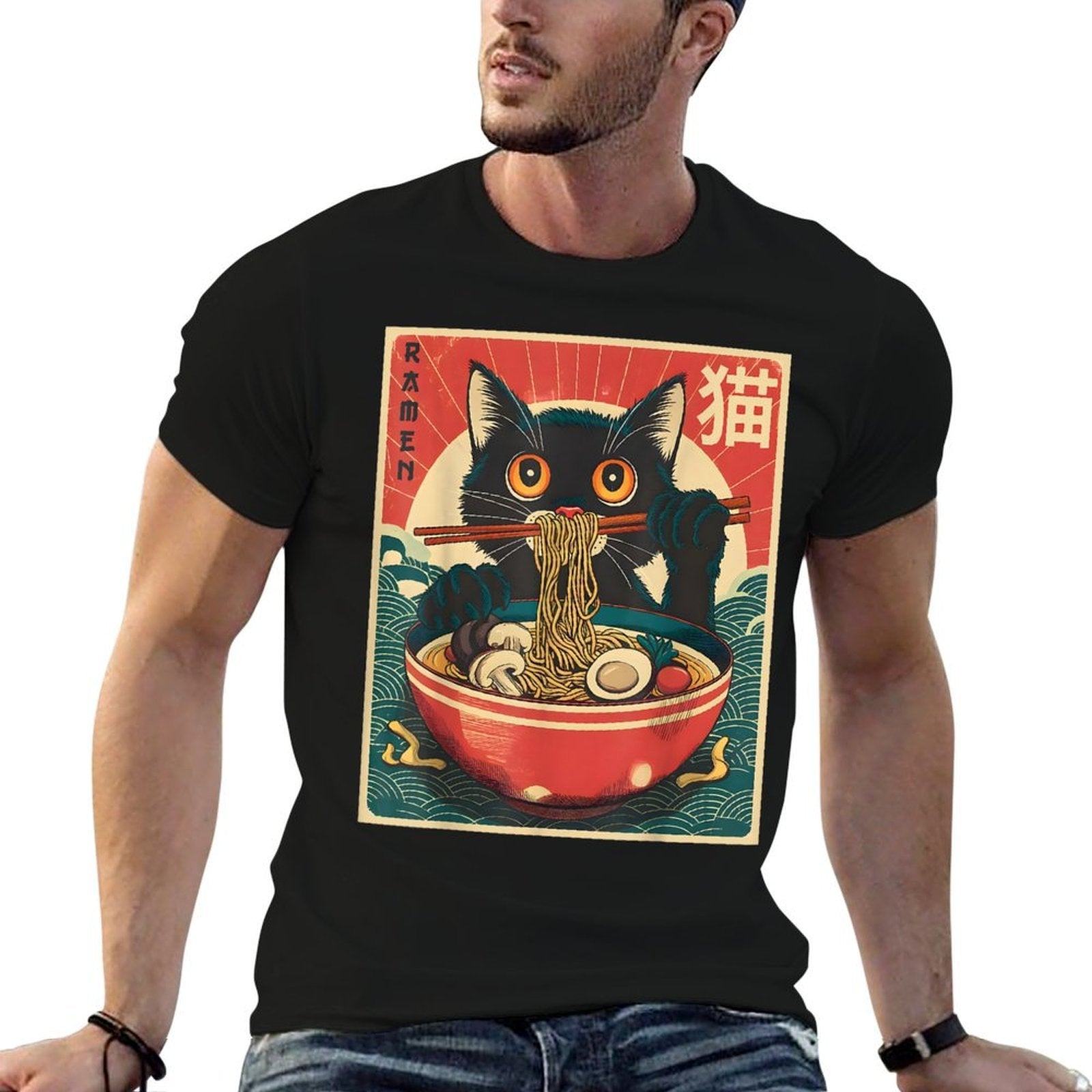 Anime Men Women Kids Cat Ramen Noodles Unisex-Adults Unisex-Kids Kawaii Cat Anime Gifts Cat Ramen Graphic Japanese Funny  Relaxed-fit T-Shirt