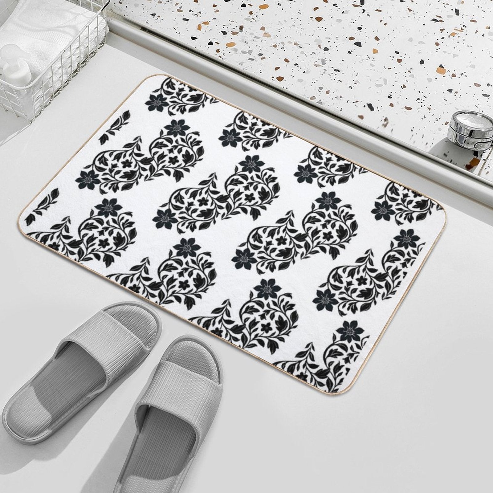 Botanical Pattern - Damask - White Background  High-Traffic Bath Mat