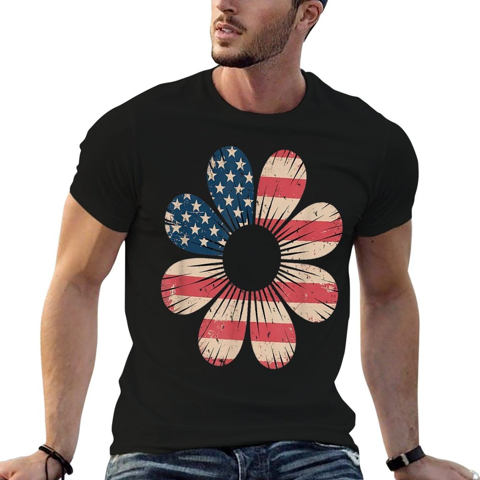 Patriotic Daisy Flower USA 4th of July Boho Retro  Rolled Sleeves T-Shirt