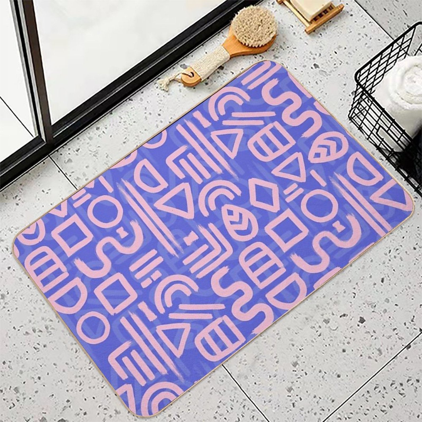 Shapes And Glyphs - Bold Brushstroke Abstract in Pink And Blue  Long-Lasting Bath Mat