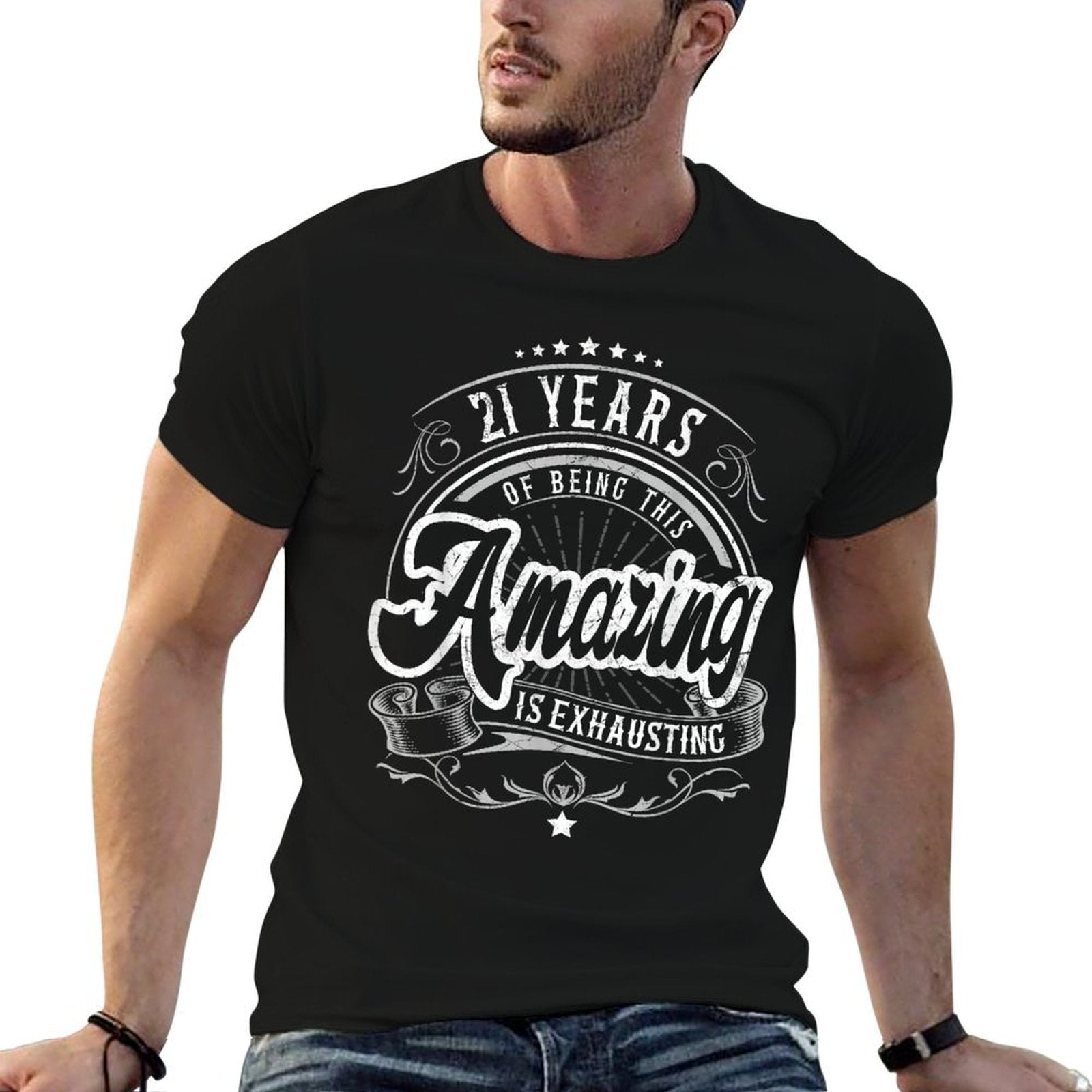 21 Yr Old Amazing Exhausting Funny 21st Birthday Gifts  Rolled Sleeves T-Shirt