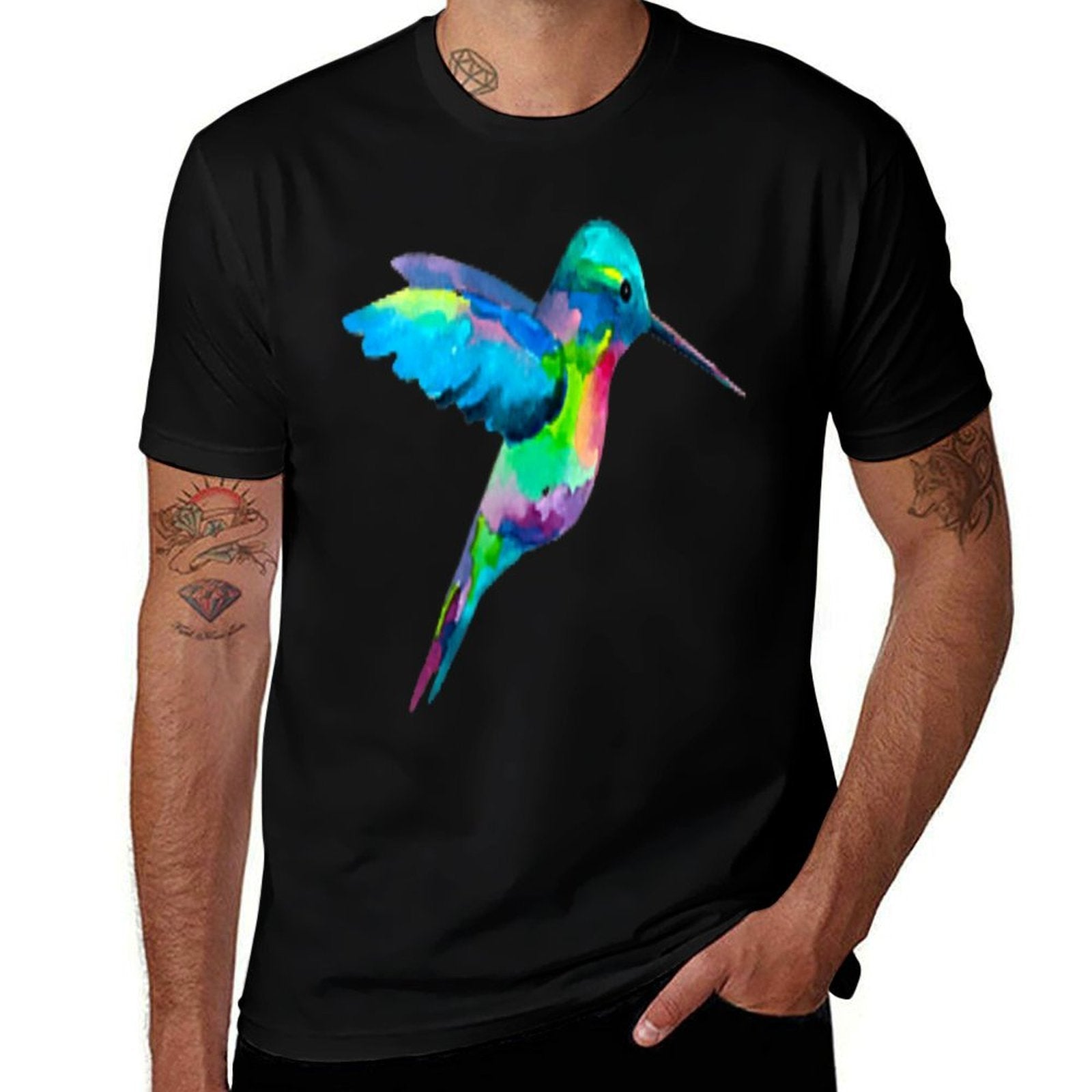 Hummingbird in Pocket - Watercolor Hummingbird  Relaxed-fit T-Shirt