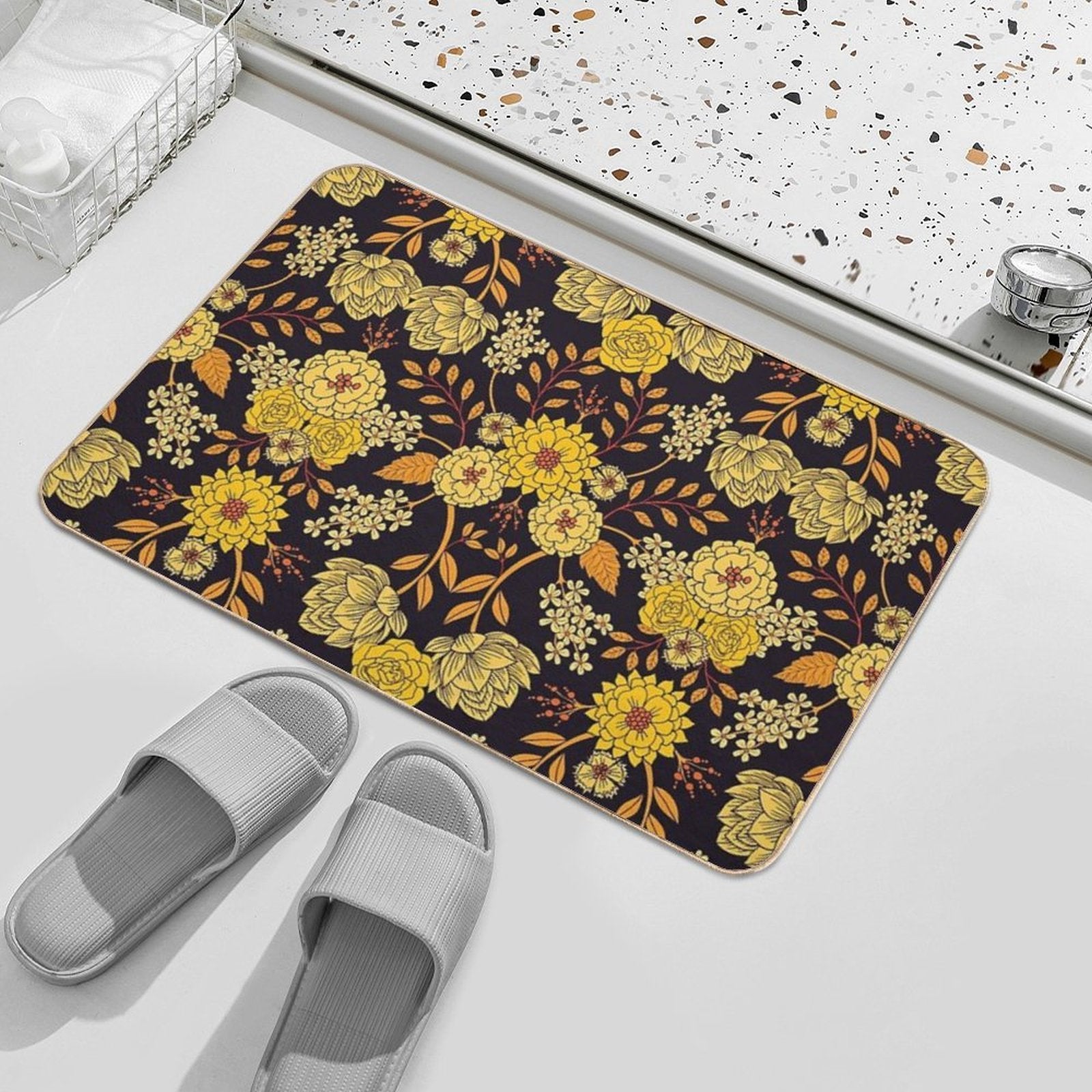 Yellow, Orange & Navy Blue Dark Floral Pattern  Easy Maintenance Bath Mat
