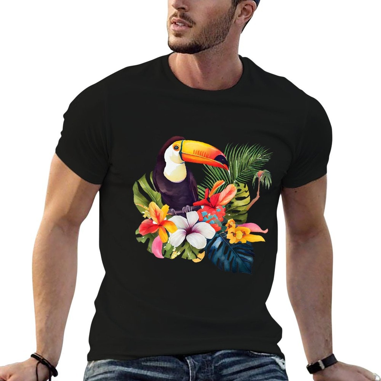 Tropical Toucan Watercolor Vibrant Flowers Jungle Leaves  Eco-friendly Material T-Shirt