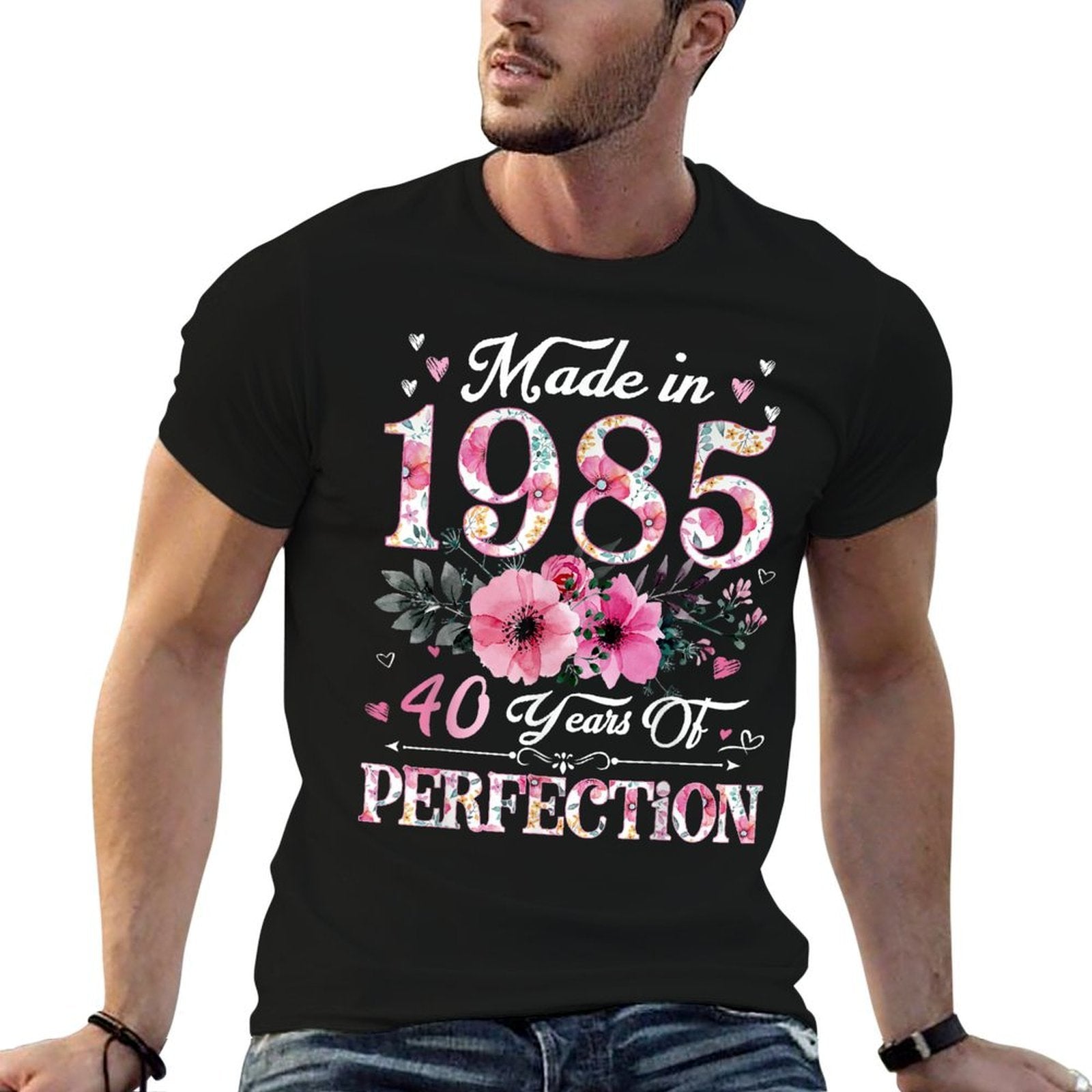 40 Year Old Made In 1985 Floral 40th Birthday Gift For Women  Ribbed Collar T-Shirt