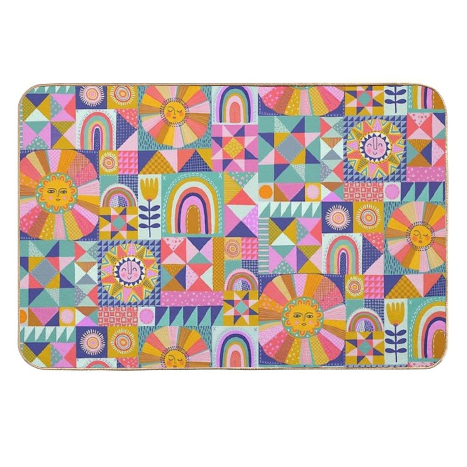 Sunny Patchwork with Aqua Blue  High-Traffic Bath Mat