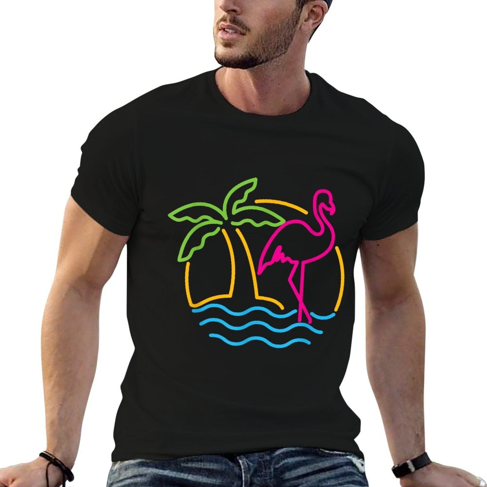 80s Vintage Miami Retro Neon Pink Flamingo  Tagless Design T-Shirt