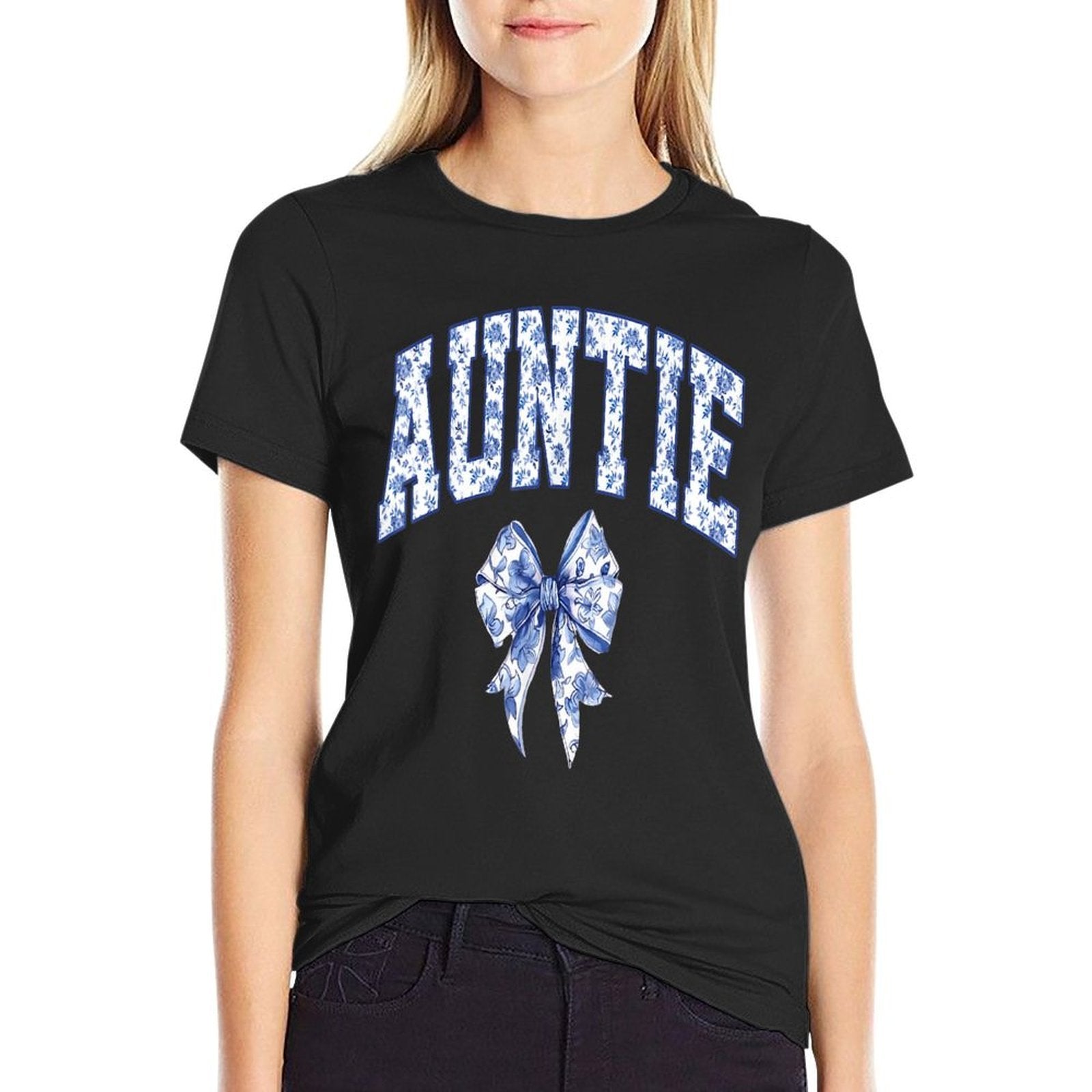 Auntie Coquette Toile Blue Bow Floral Family Matching  Trendy Pattern T-Shirt