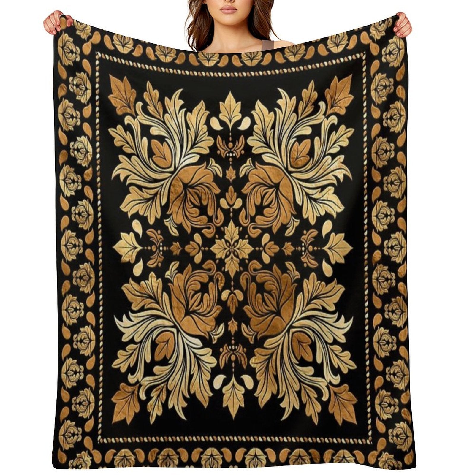 Oriental Vintage Damask Ornament - Black And Gold Comfort Throw Blanket