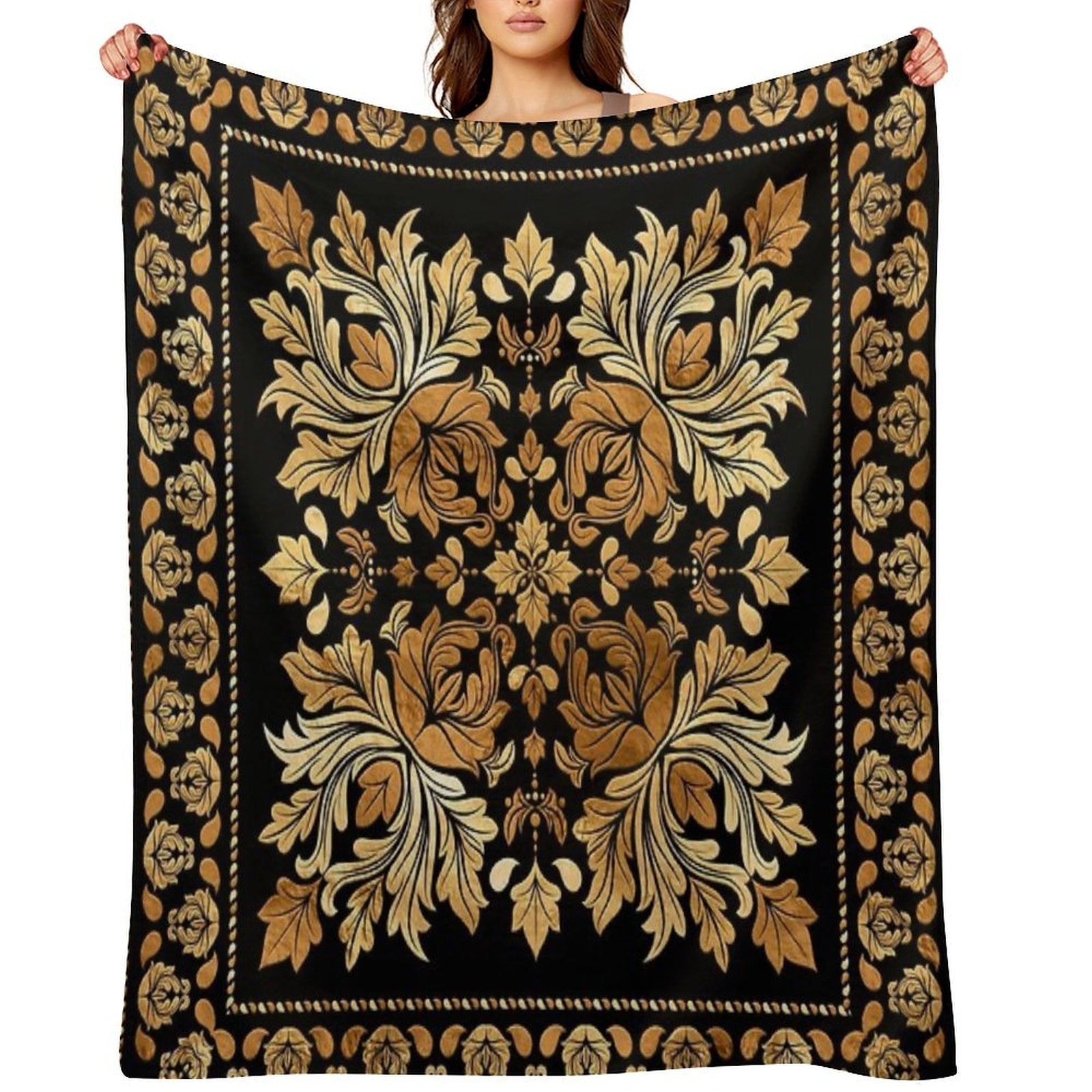 Oriental Vintage Damask Ornament - Black And Gold Comfort Throw Blanket