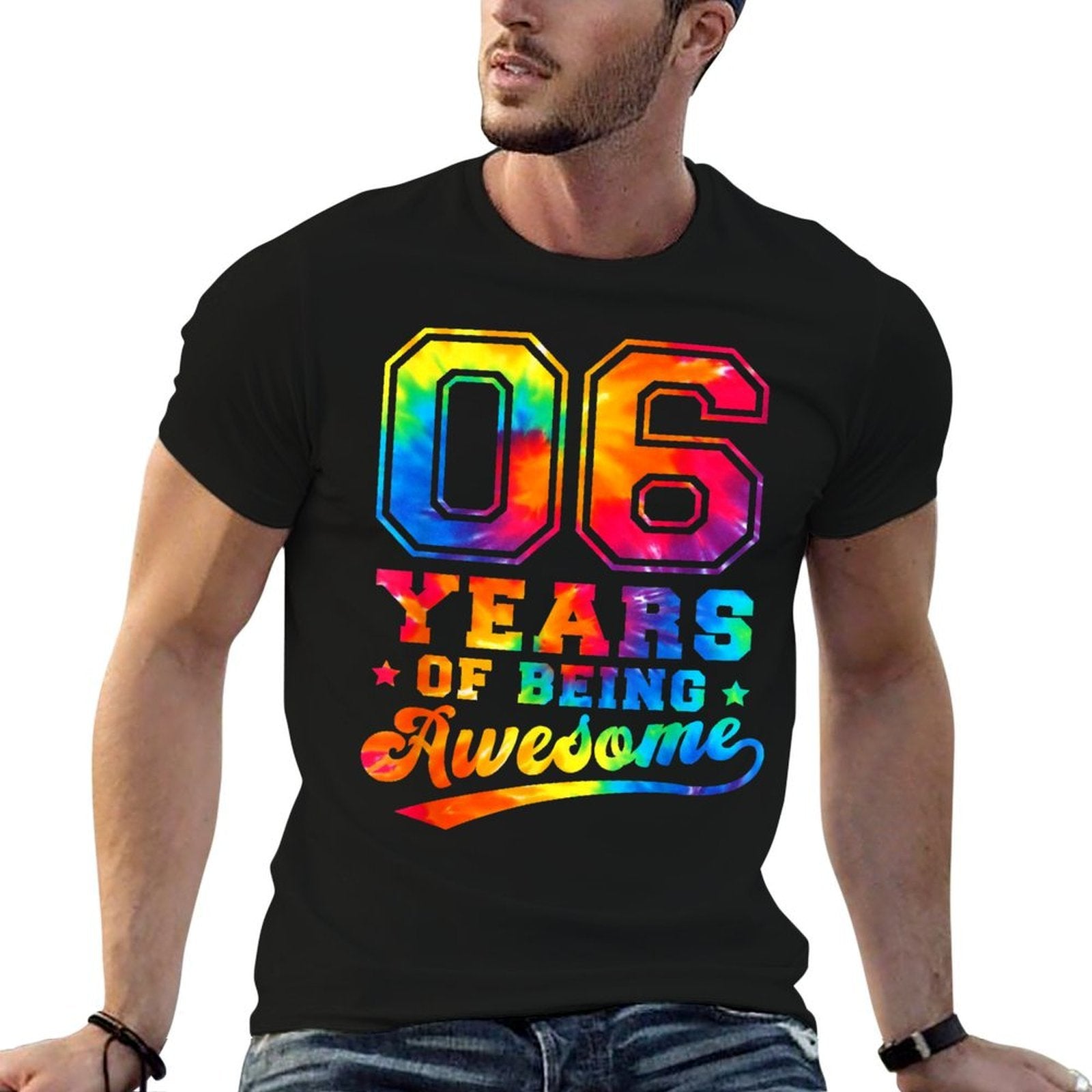 6 Years Old 6th Birthday Tie Dye Awesome Boys Girls  Rolled Sleeves T-Shirt