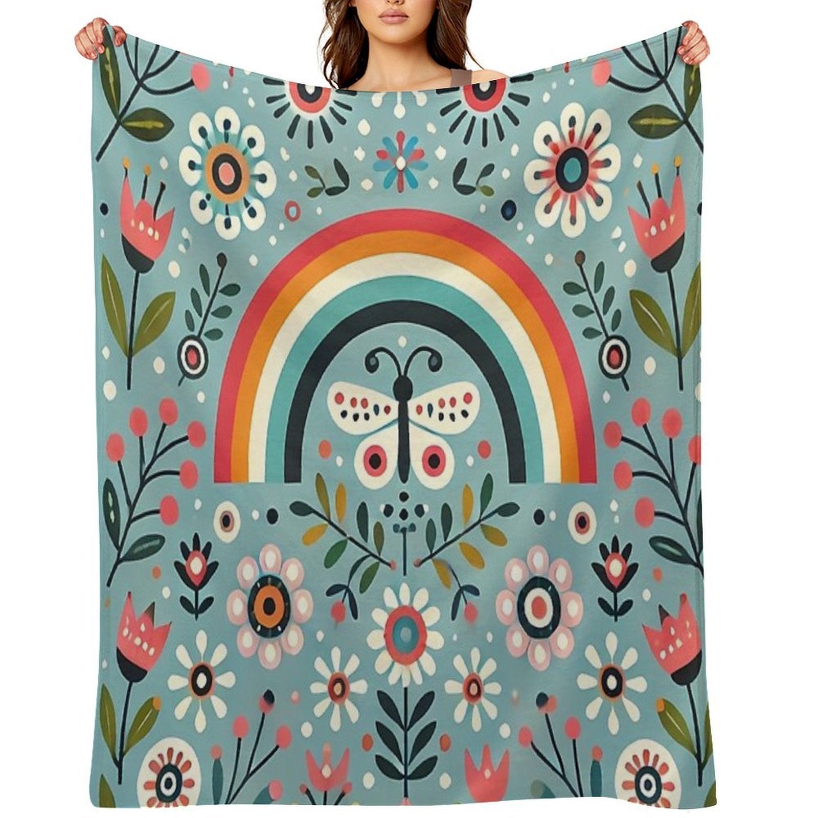 Blue Serene Folk Butterfly with Rainbow - Scandinavian Folk Art by Heidiannemorris © Durable Throw Blanket