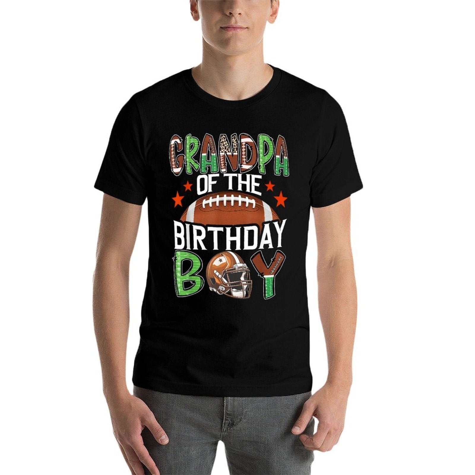 Grandpa Of The Birthday Boy Game Day Football  Ribbed Collar T-Shirt