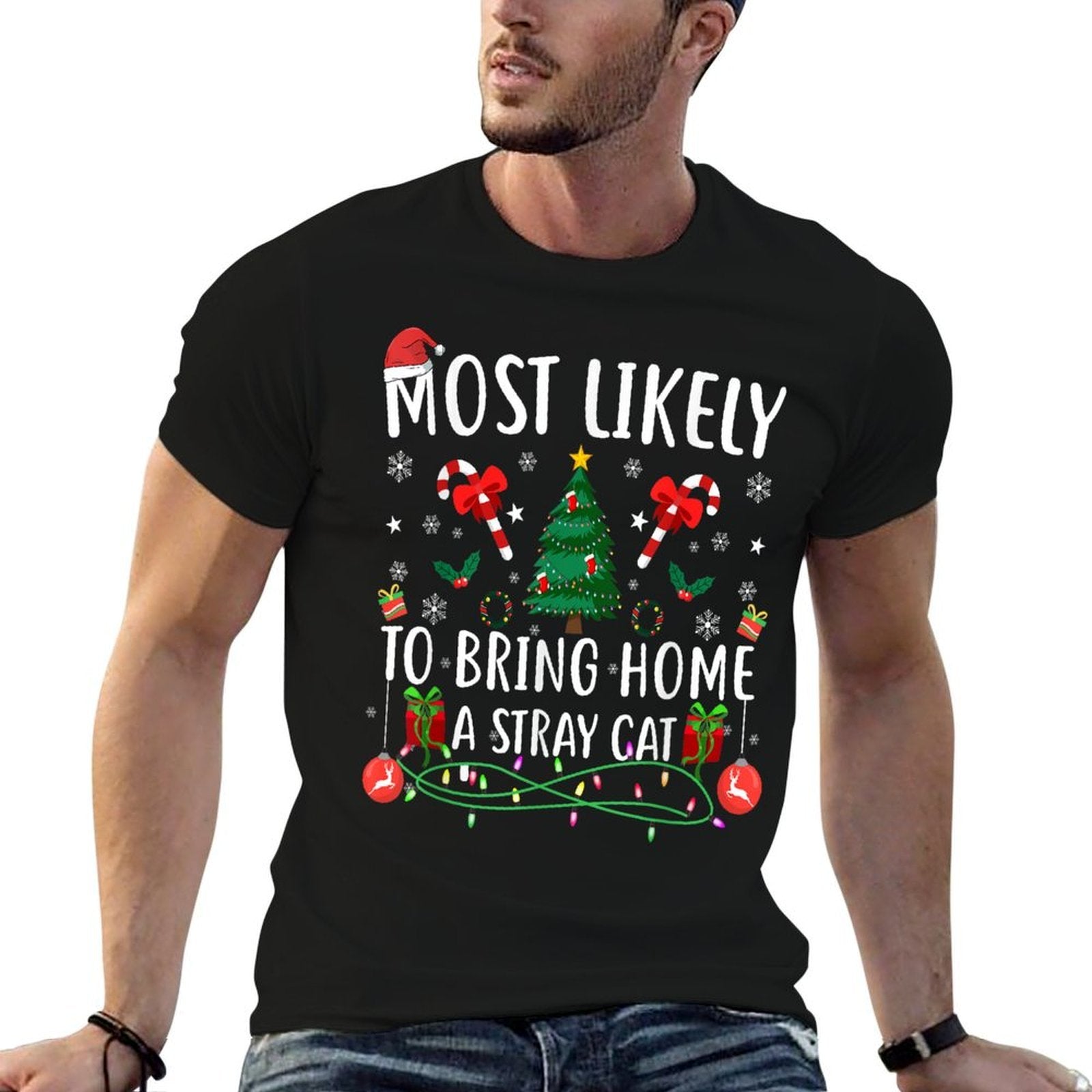 Most Likely To Bring Home A Stray Cat Group Matching Xmas  Ribbed Collar T-Shirt