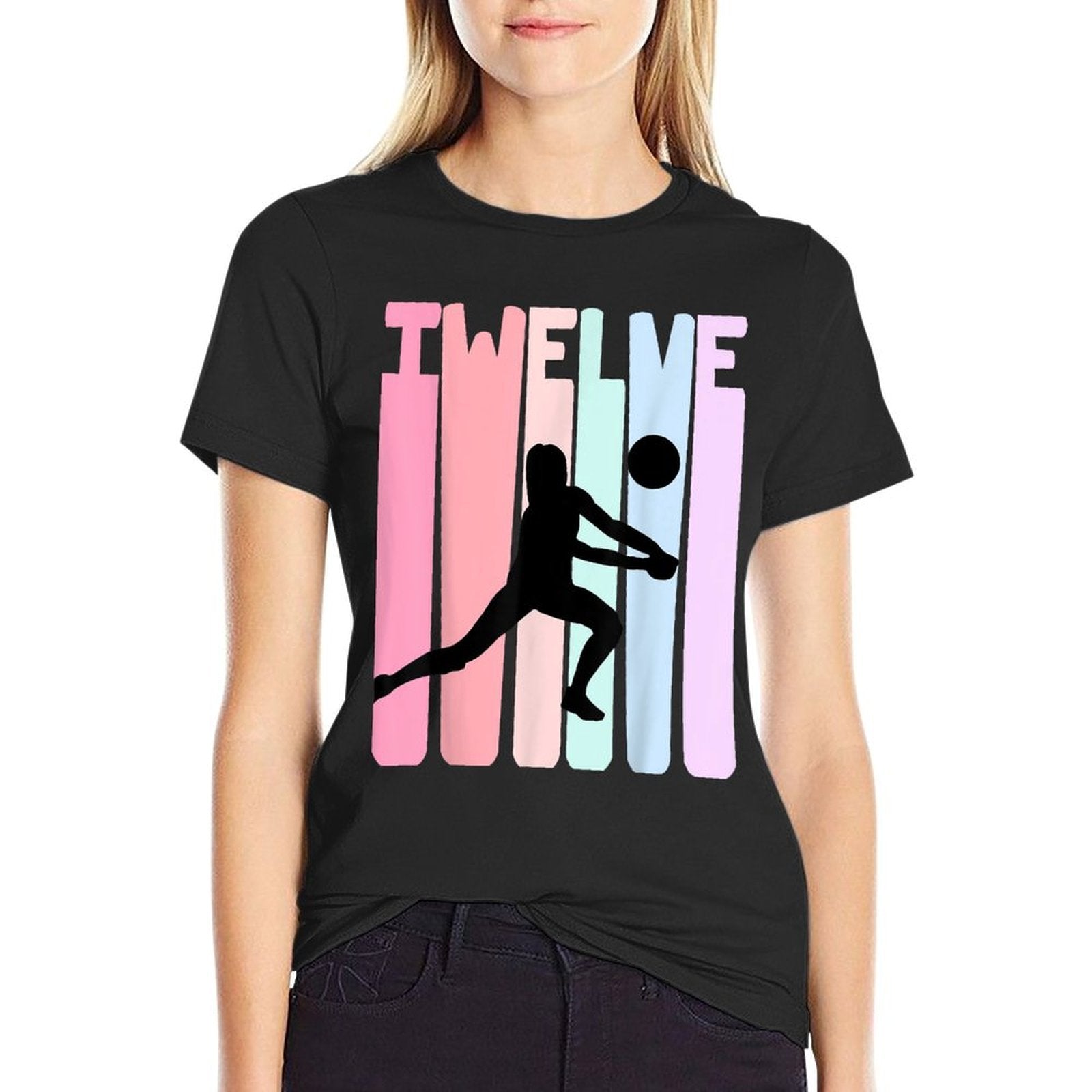 12th Birthday Retro Volleyball Girl Player 12 Years Old Kids  Rolled Sleeves T-Shirt