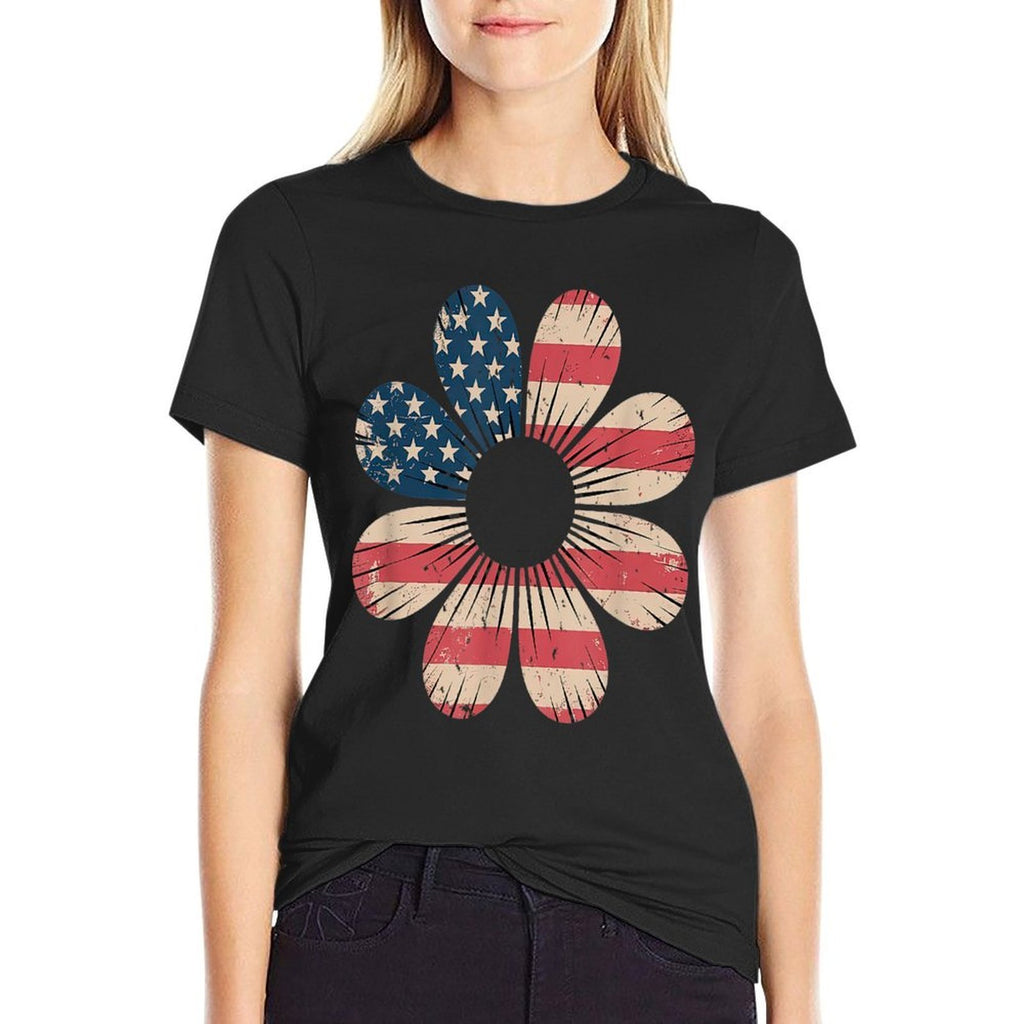 Patriotic Daisy Flower USA 4th of July Boho Retro  Rolled Sleeves T-Shirt