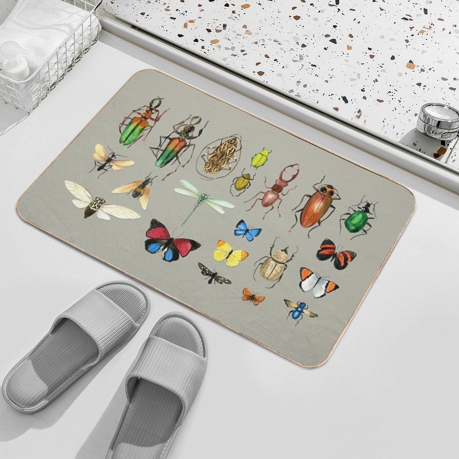 The Usual Suspects - Insects on Grey - Watercolour Bugs Pattern by Cecca Designs  Easy Maintenance Bath Mat