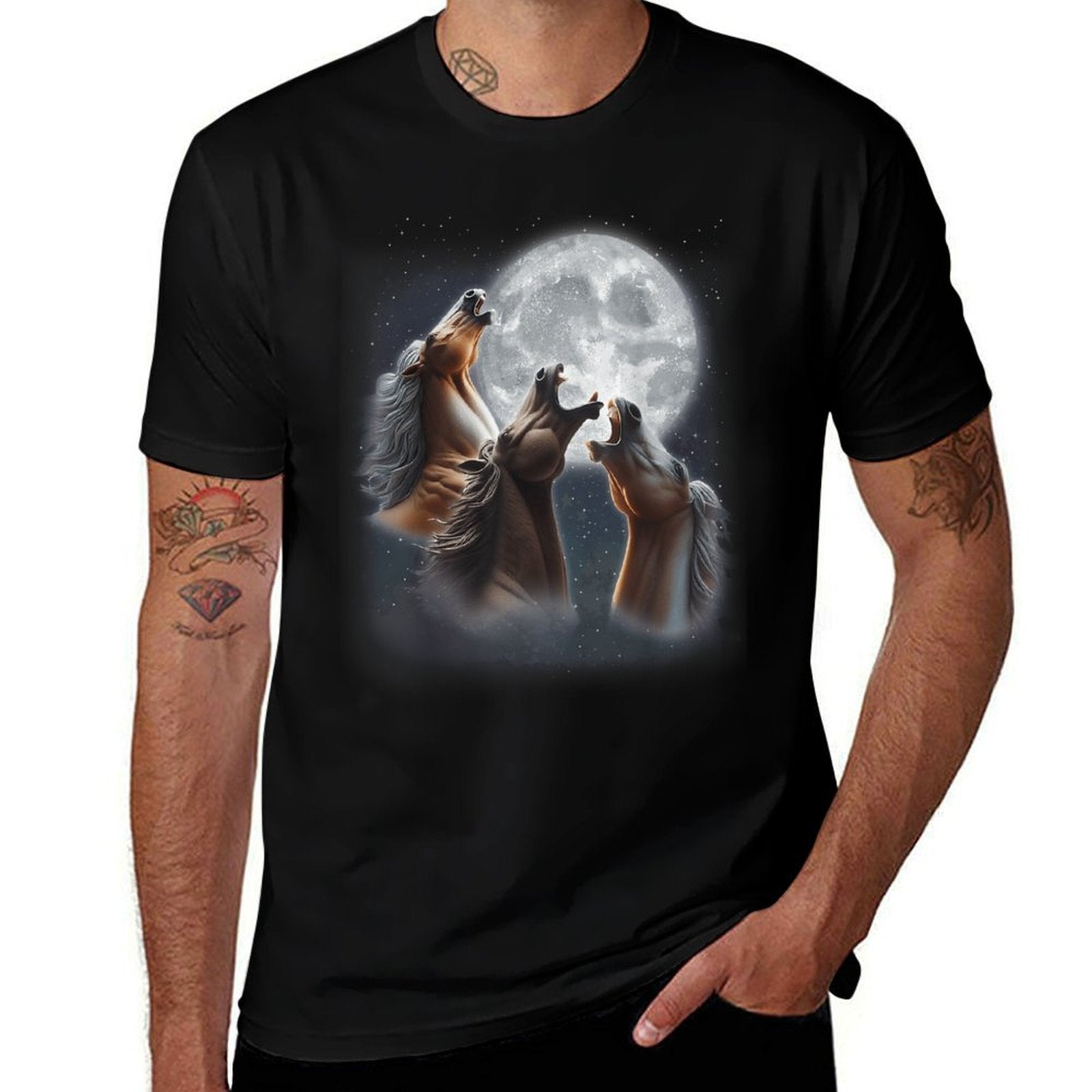 3 Horses Howling At The Moon Funny Horse Lover Equestrian  Easy-care T-Shirt