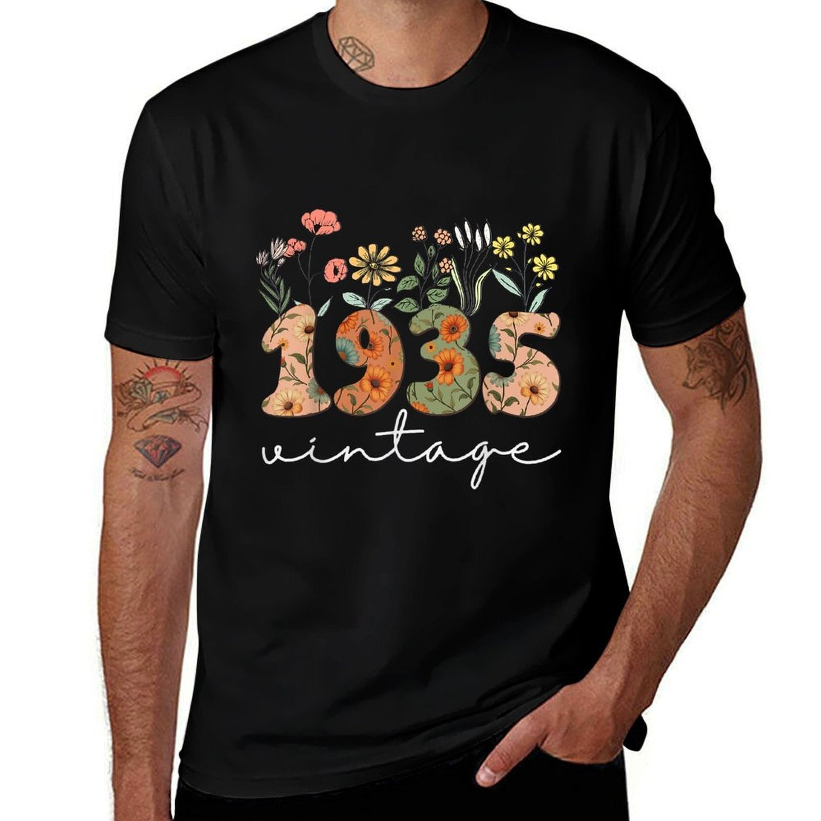 90 Years Old Vintage 1935 90th Birthday Wildflower Women  Heathered Texture T-Shirt