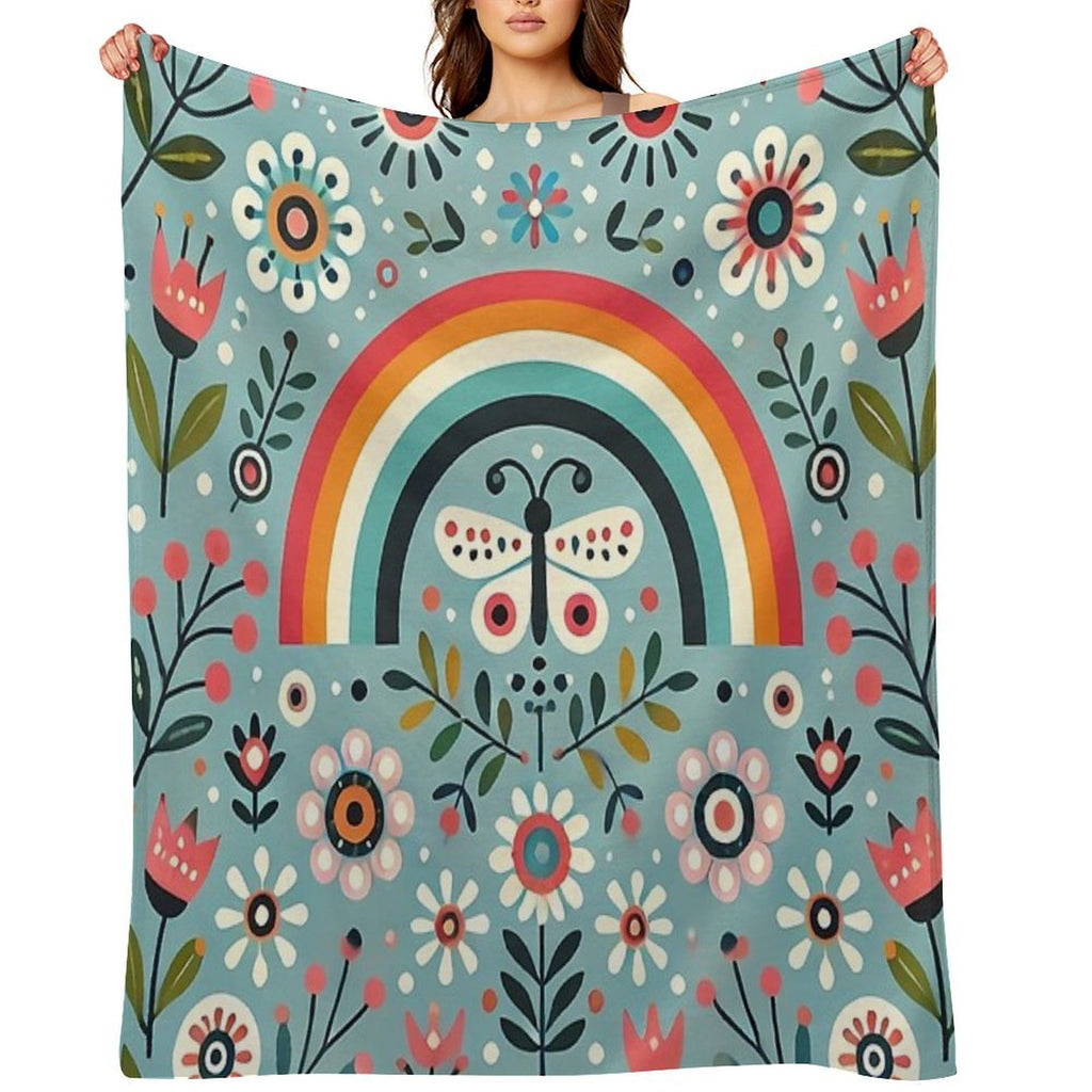 Blue Serene Folk Butterfly with Rainbow - Scandinavian Folk Art by Heidiannemorris © Durable Throw Blanket
