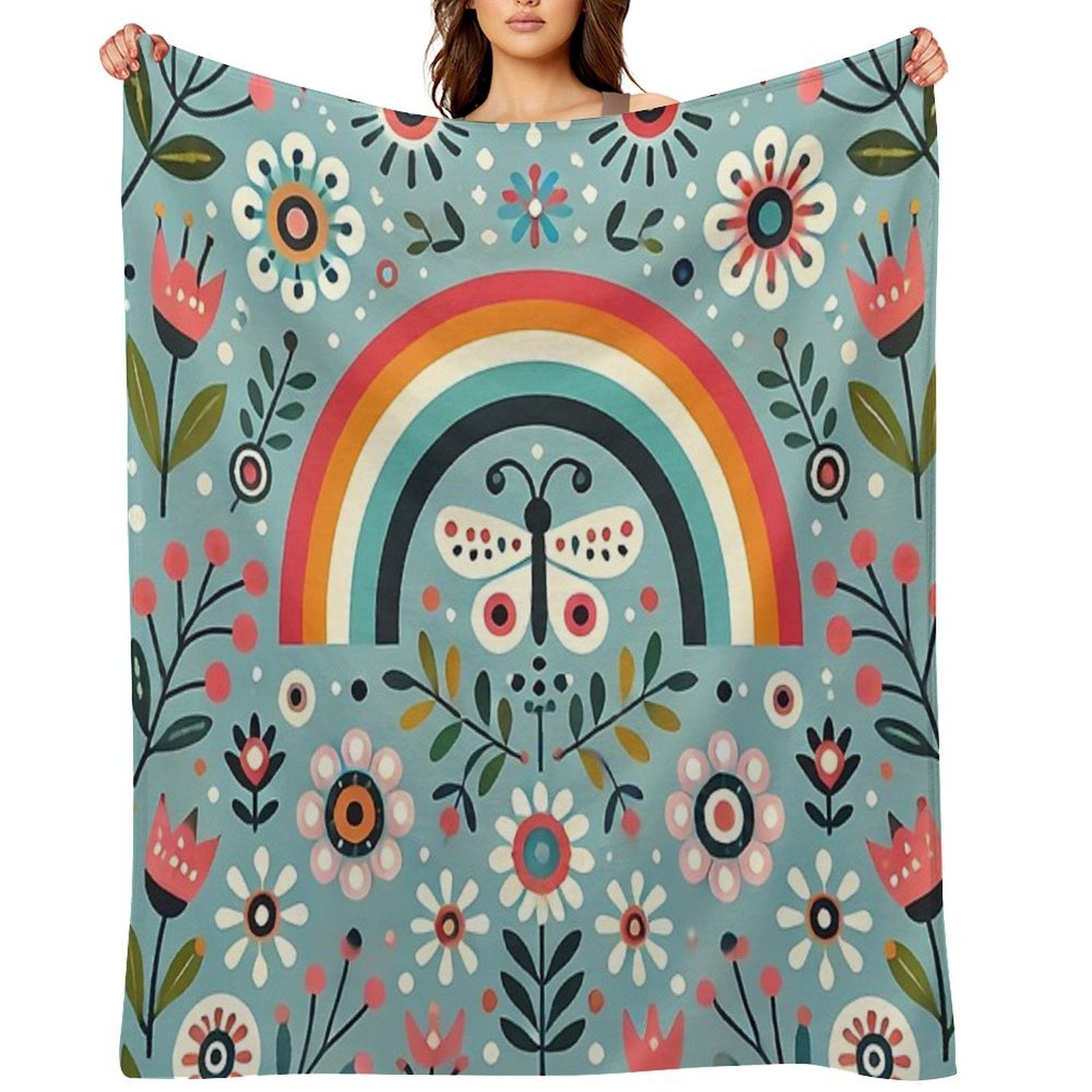 Blue Serene Folk Butterfly with Rainbow - Scandinavian Folk Art by Heidiannemorris © Durable Throw Blanket
