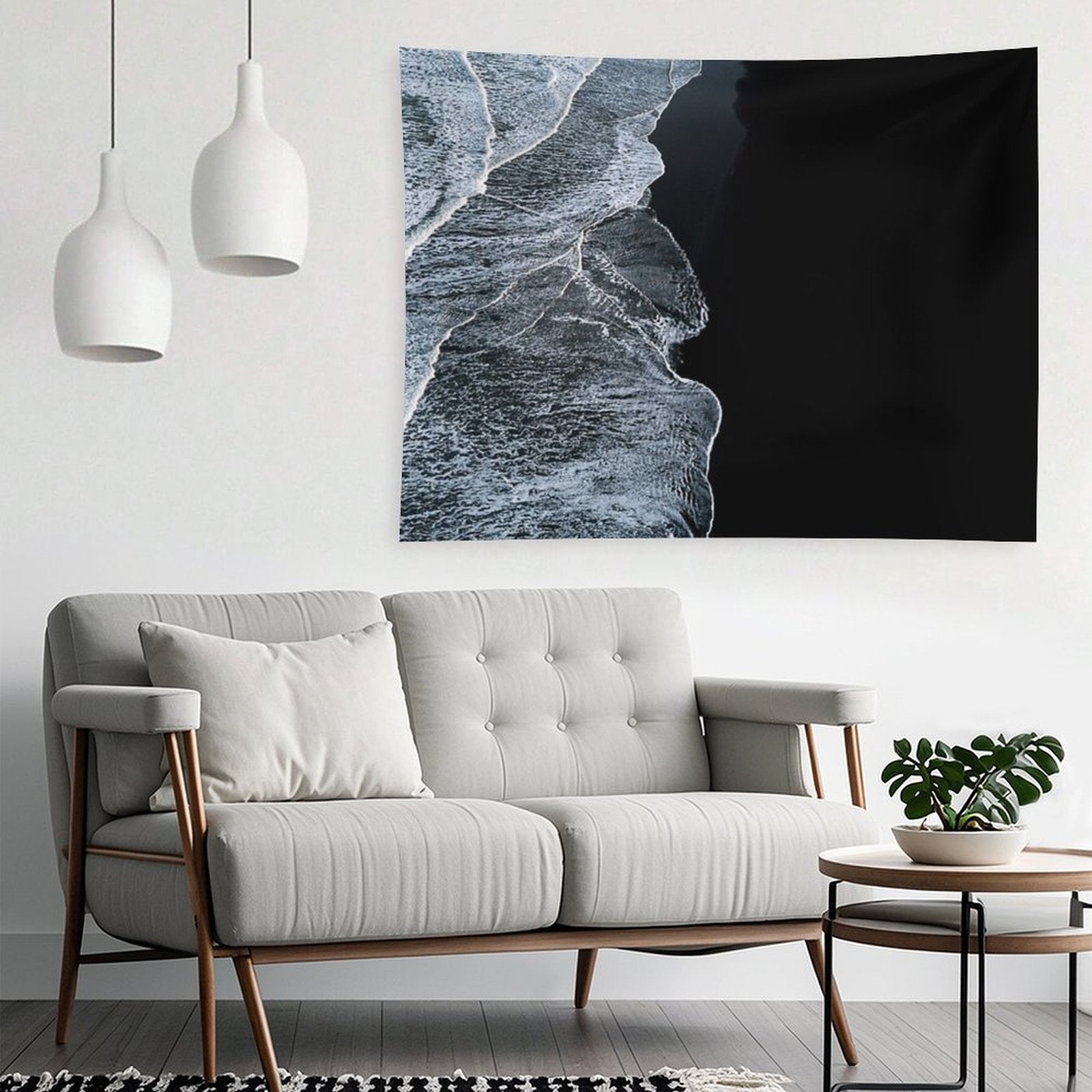 Minimalist Waves And Black Sand Beach in Iceland - Landscape Photography Tapestry