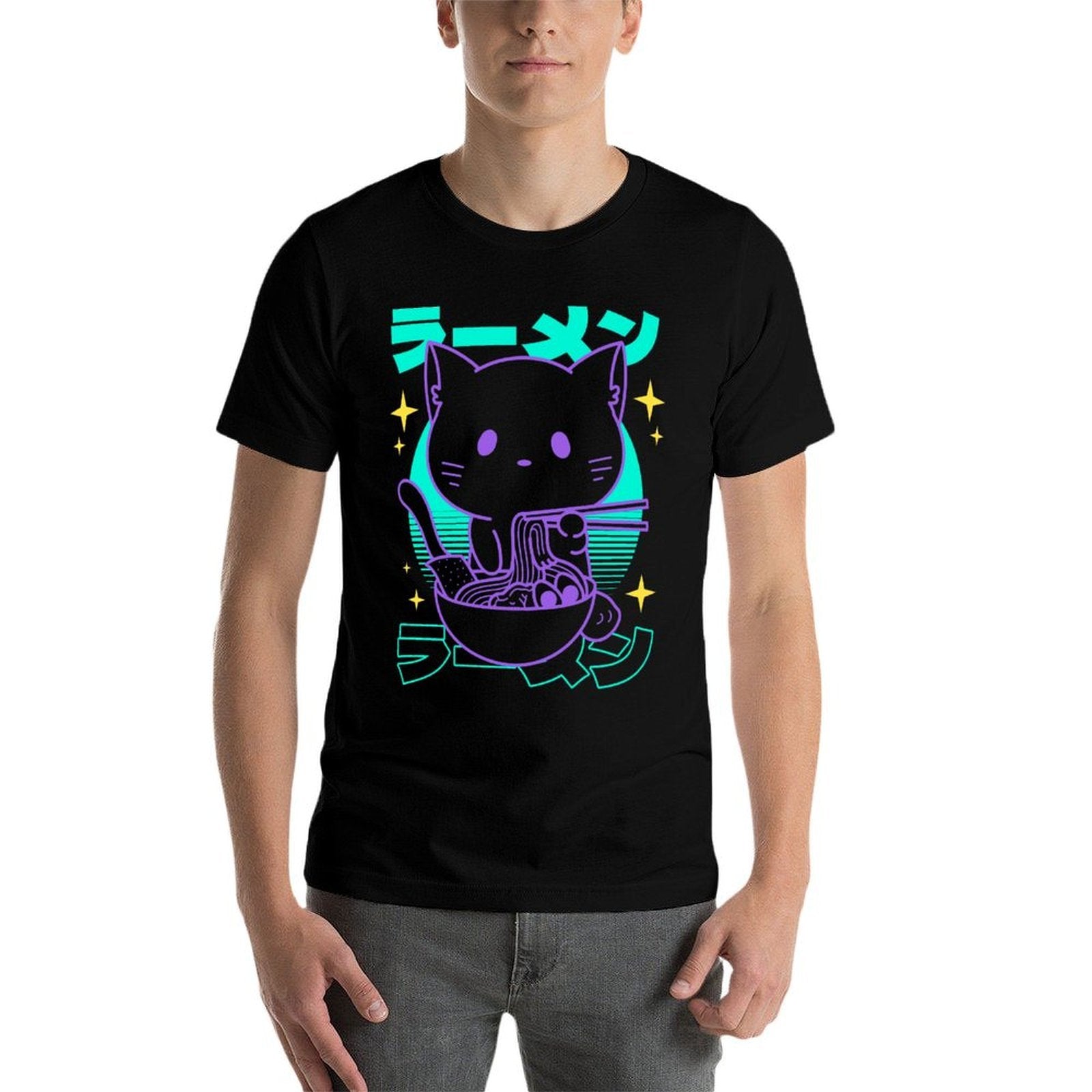 Anime Ramen Cat Japanese Retro Noodles Aesthetic Kawaii Cat  Oversized Silhouette T-Shirt