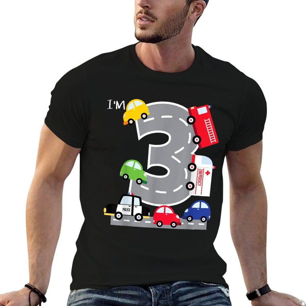 3rd Birthday 3 Year Old Transportation Cars Fire Truck  Rolled Sleeves T-Shirt