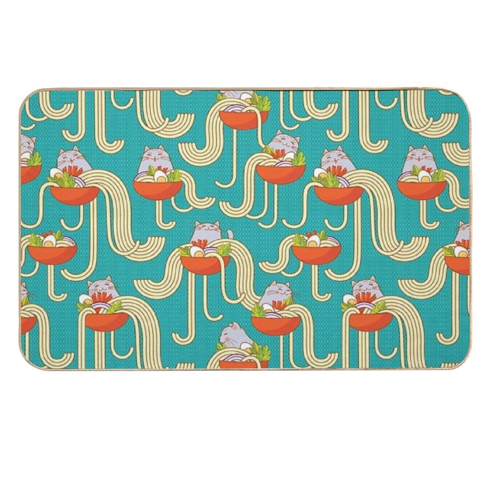 Plates of Noodles And Funny Cats.  Slip-Resistant Bath Mat