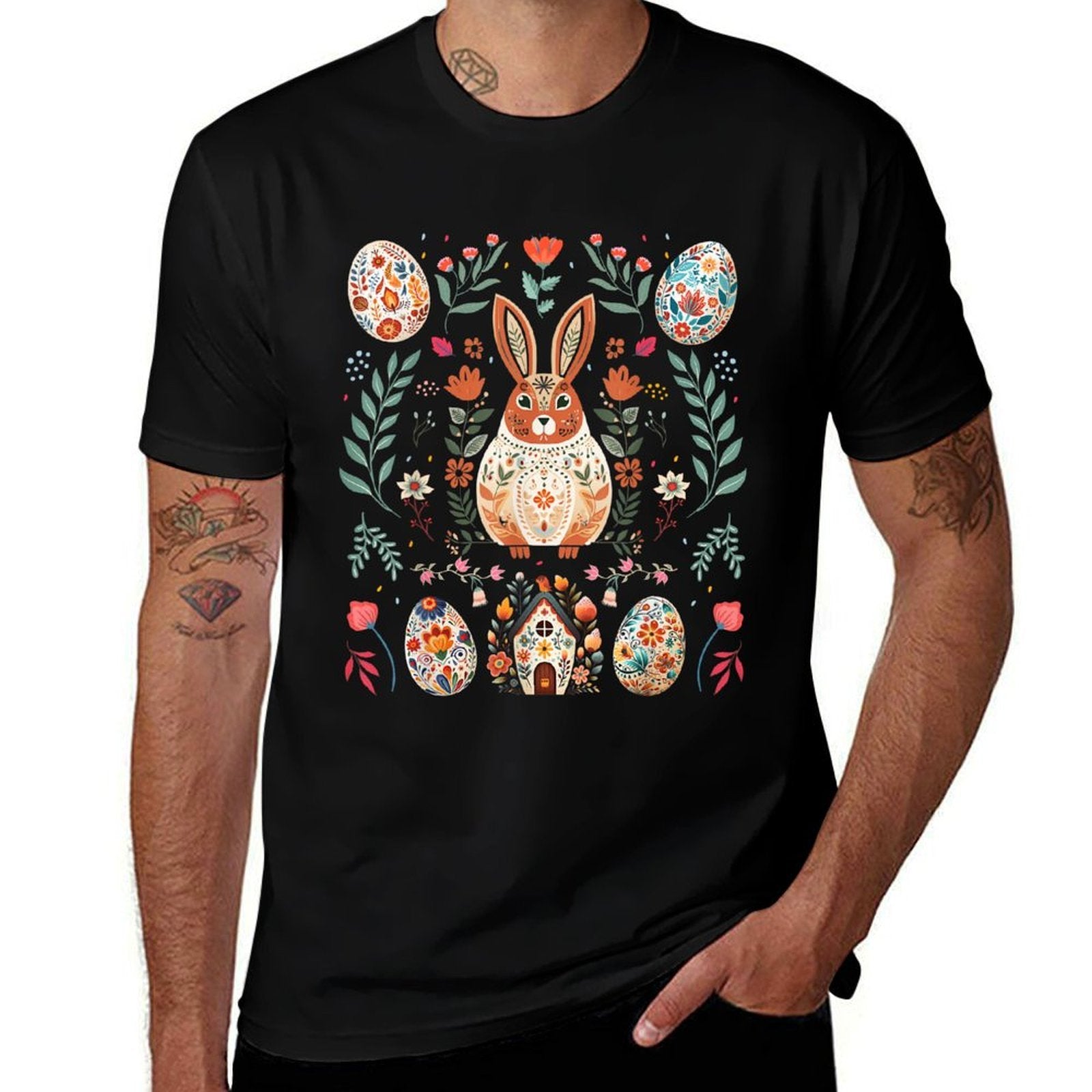 Nordic Scandinavian Folk Art Vintage Bunny Happy Easter Day  Trendy Pattern T-Shirt