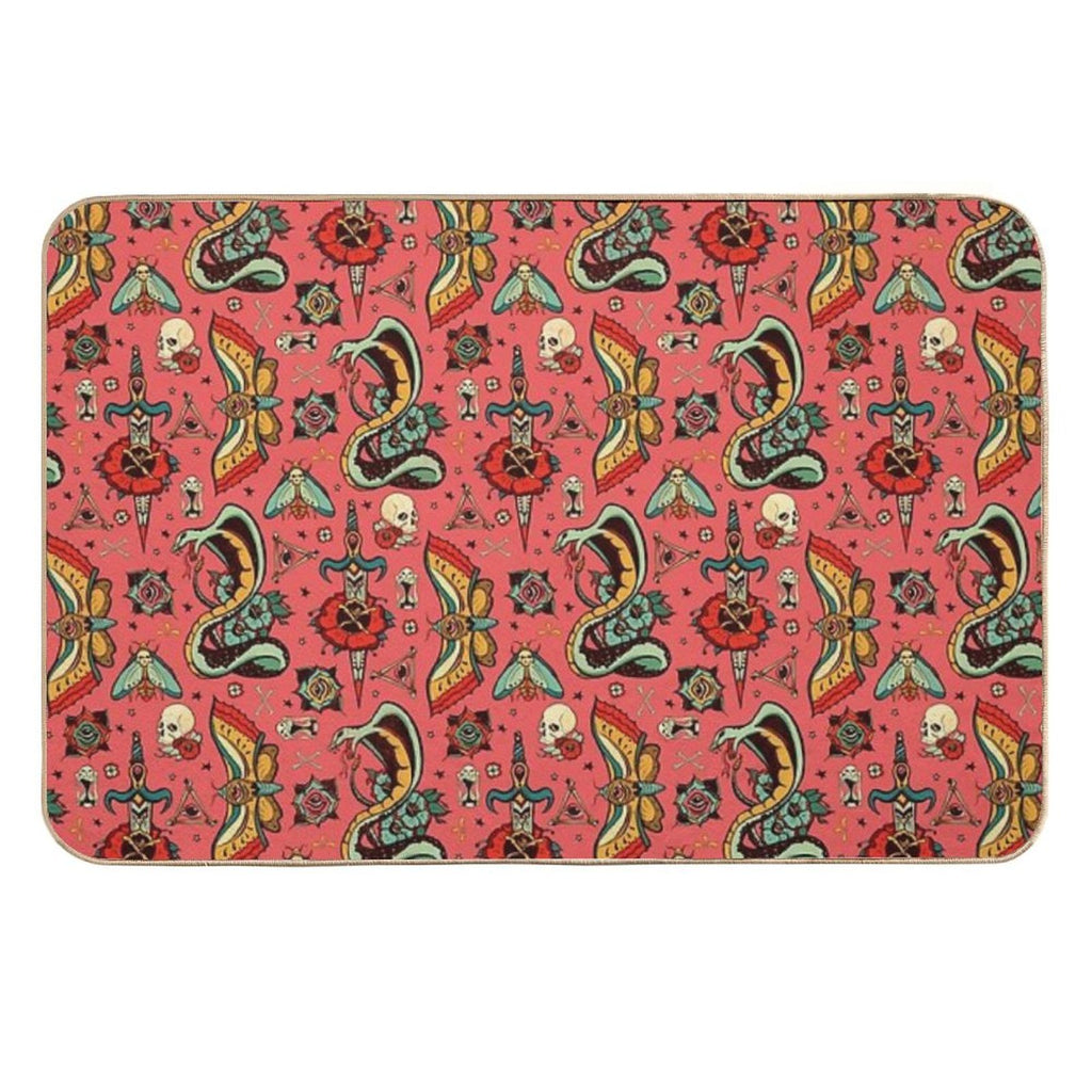 Pink Flash Tattoo Pattern  Long-Lasting Bath Mat