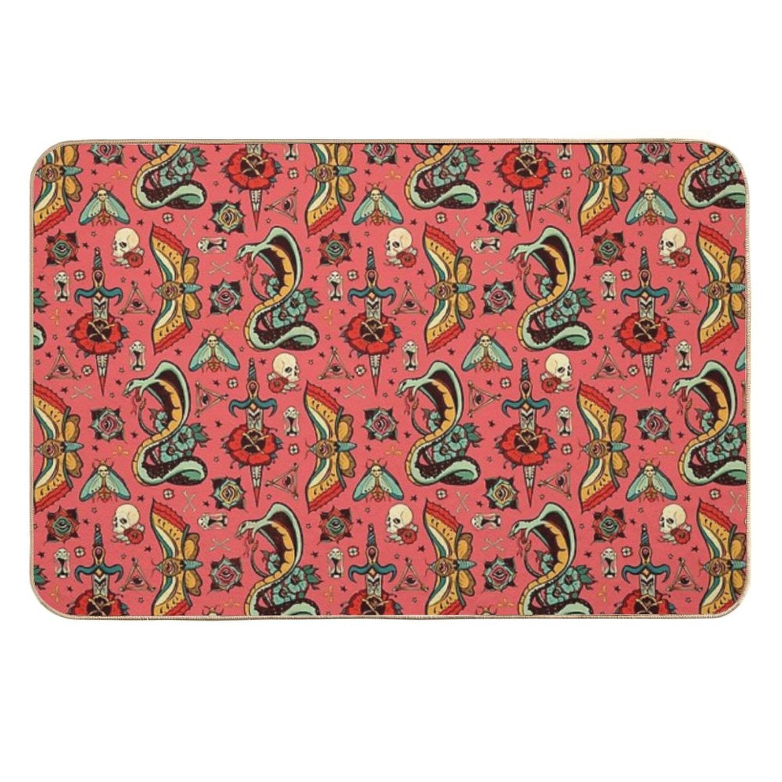 Pink Flash Tattoo Pattern  Long-Lasting Bath Mat