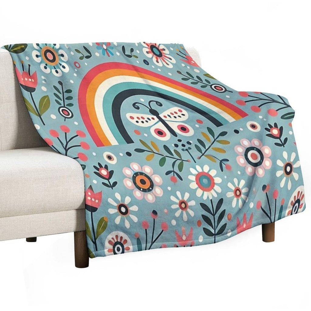 Blue Serene Folk Butterfly with Rainbow - Scandinavian Folk Art by Heidiannemorris © Durable Throw Blanket