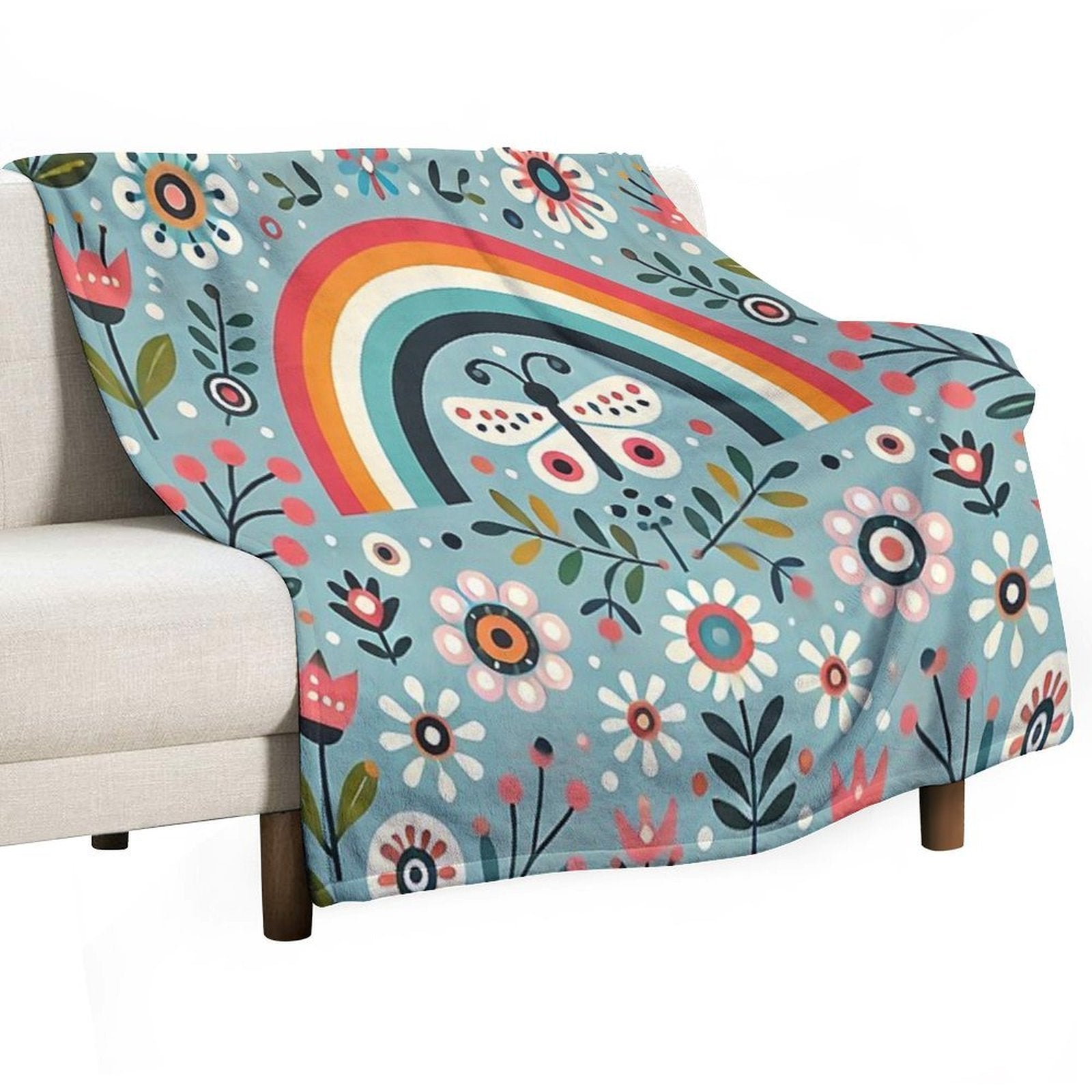 Blue Serene Folk Butterfly with Rainbow - Scandinavian Folk Art by Heidiannemorris © Durable Throw Blanket