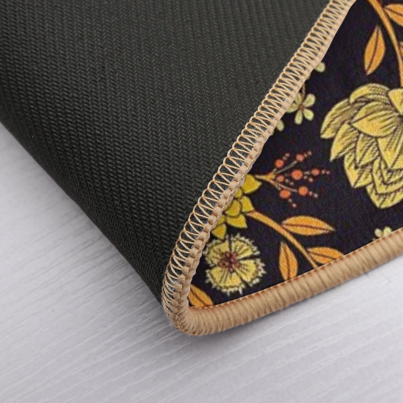 Yellow, Orange & Navy Blue Dark Floral Pattern  Easy Maintenance Bath Mat