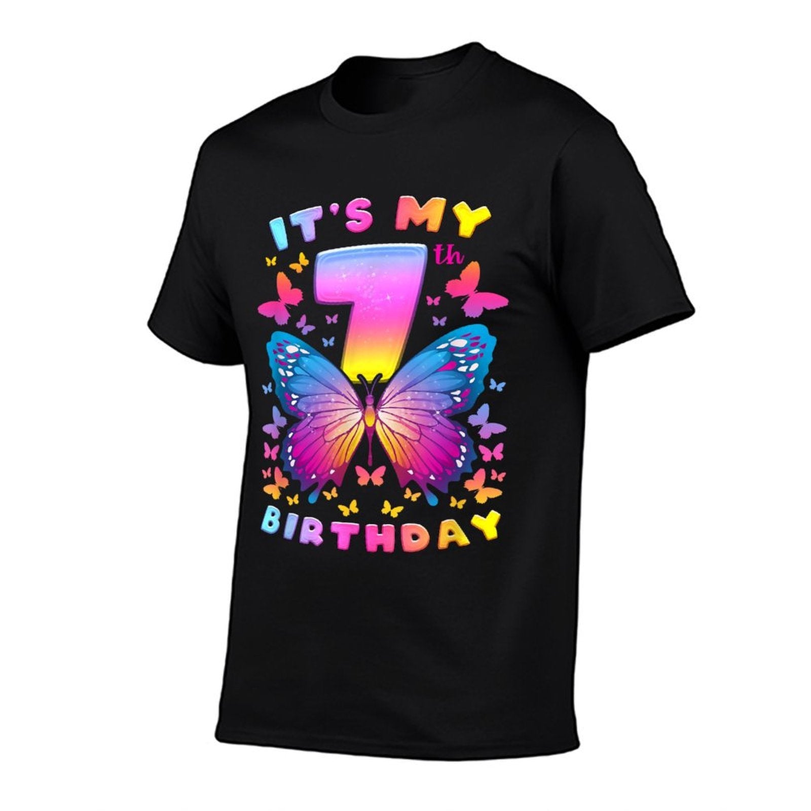 7th Birthday, Girl 7 Years, Butterfly, Number 7  Cotton T-Shirt