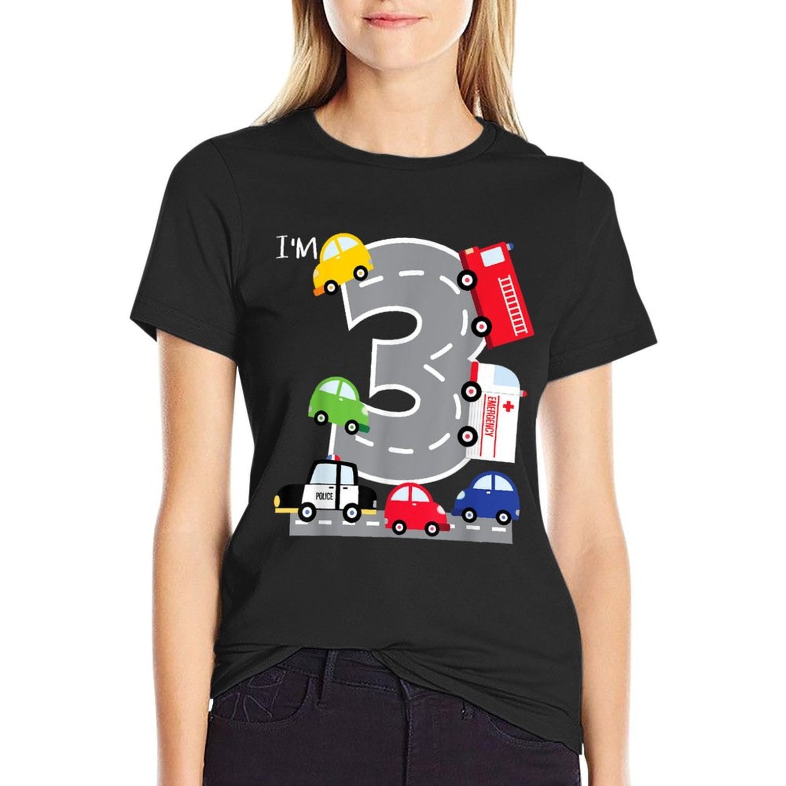 3rd Birthday 3 Year Old Transportation Cars Fire Truck  Rolled Sleeves T-Shirt