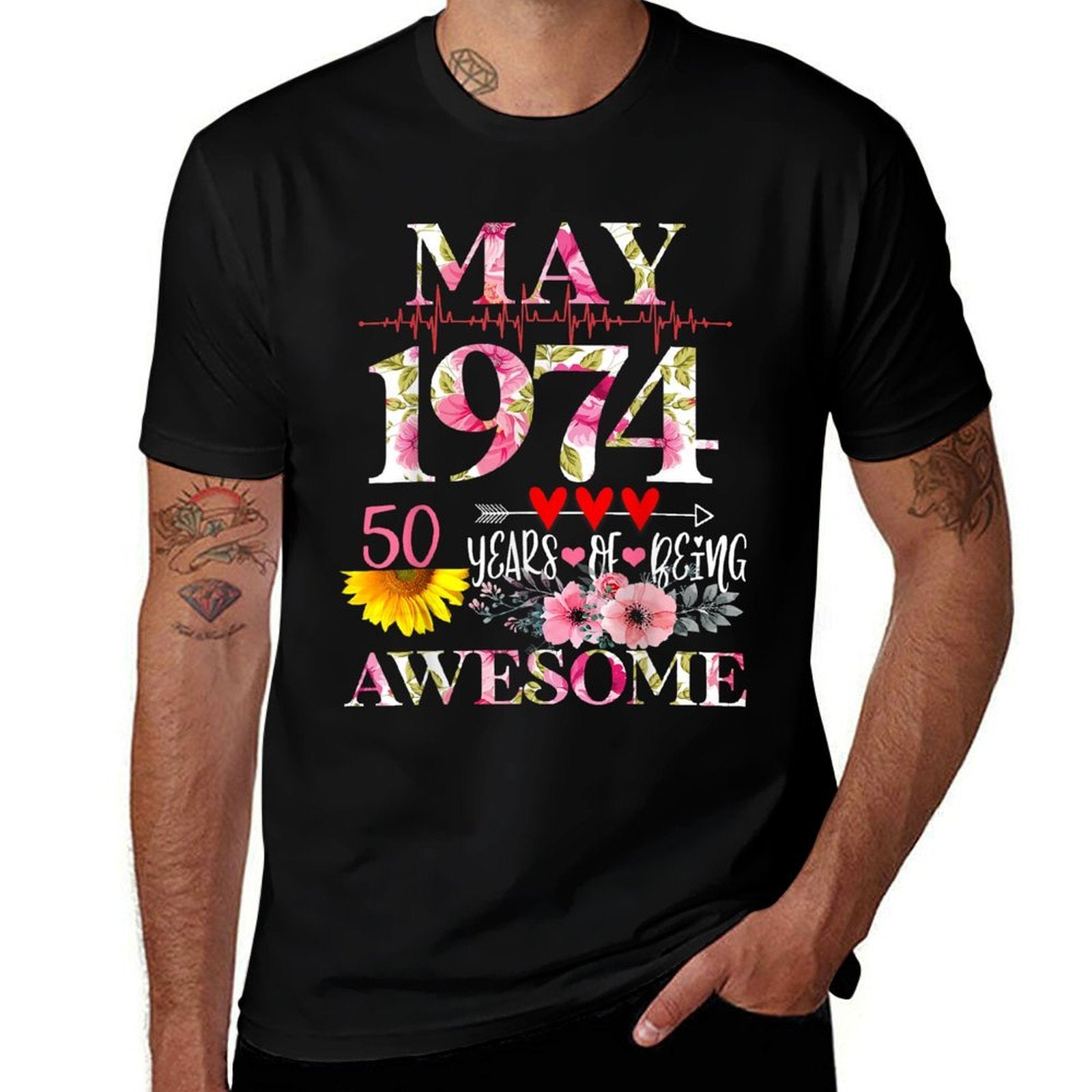 April 1974 Floral 50th Birthday 50 Years Of Being Awesome  Fade-proof Color T-Shirt