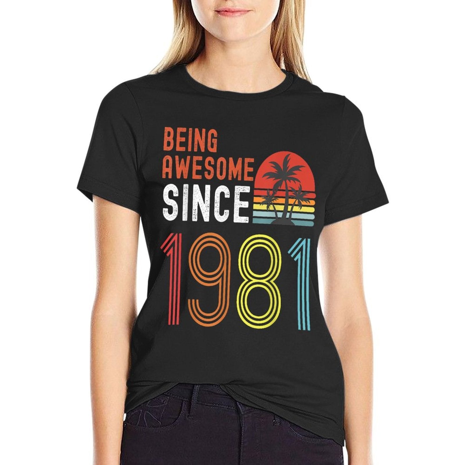 Being Awesome Since 1981, Made in 1981 Vintage 40th Birthday  Ribbed Collar T-Shirt