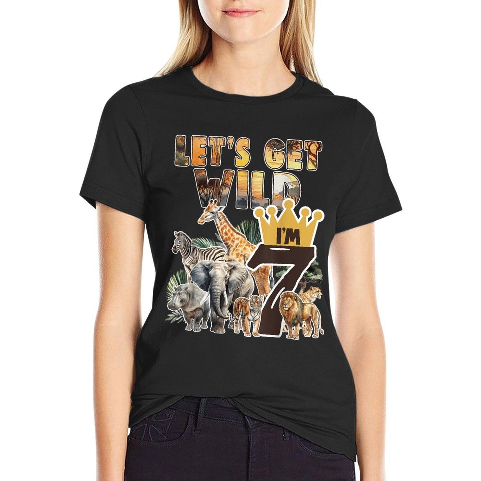 7 Years Old Safari Animals Theme 7st Birthday Jungle Animal  High-quality Stitching T-Shirt