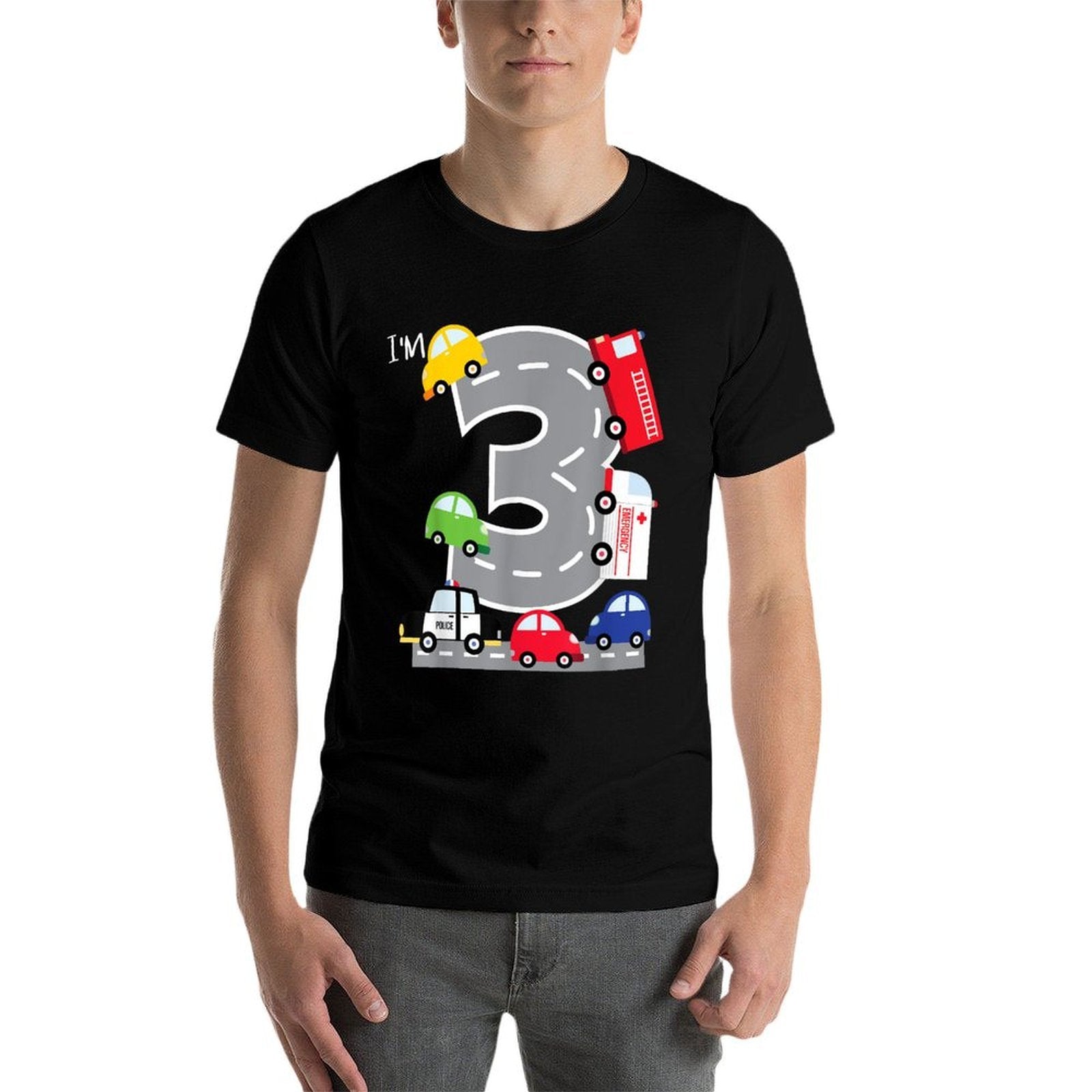 3rd Birthday 3 Year Old Transportation Cars Fire Truck  Rolled Sleeves T-Shirt