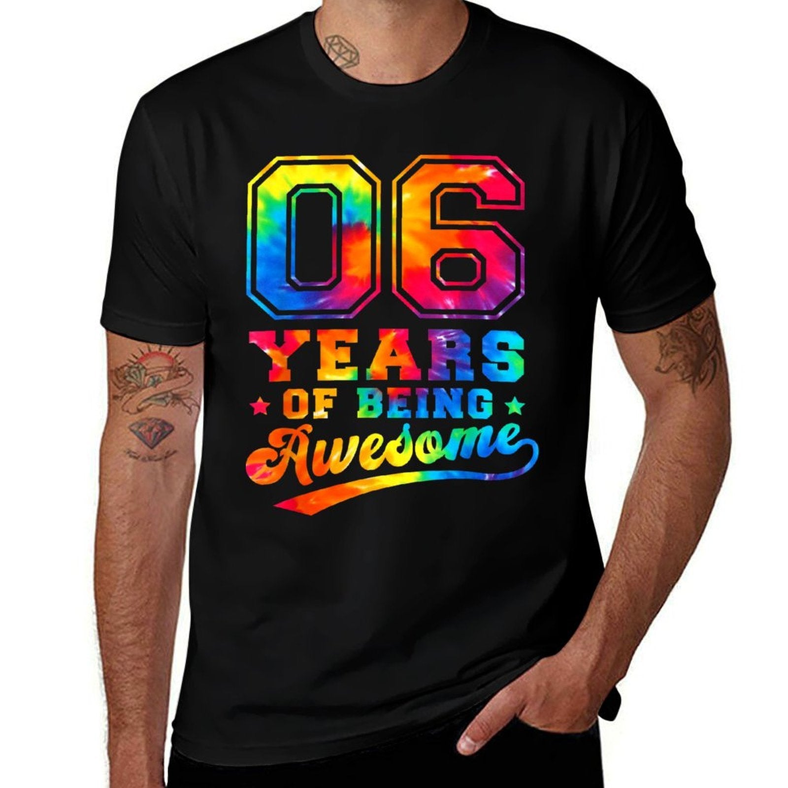 6 Years Old 6th Birthday Tie Dye Awesome Boys Girls  Rolled Sleeves T-Shirt