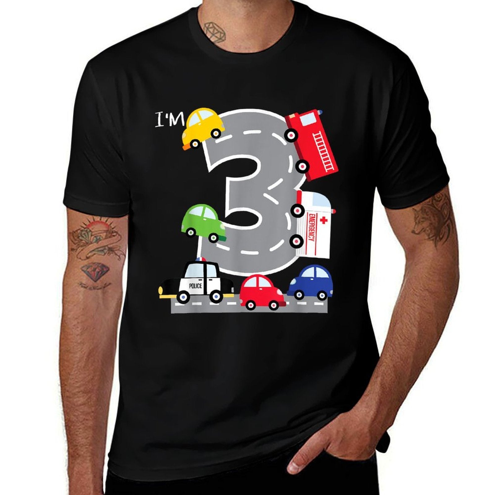3rd Birthday 3 Year Old Transportation Cars Fire Truck  Rolled Sleeves T-Shirt