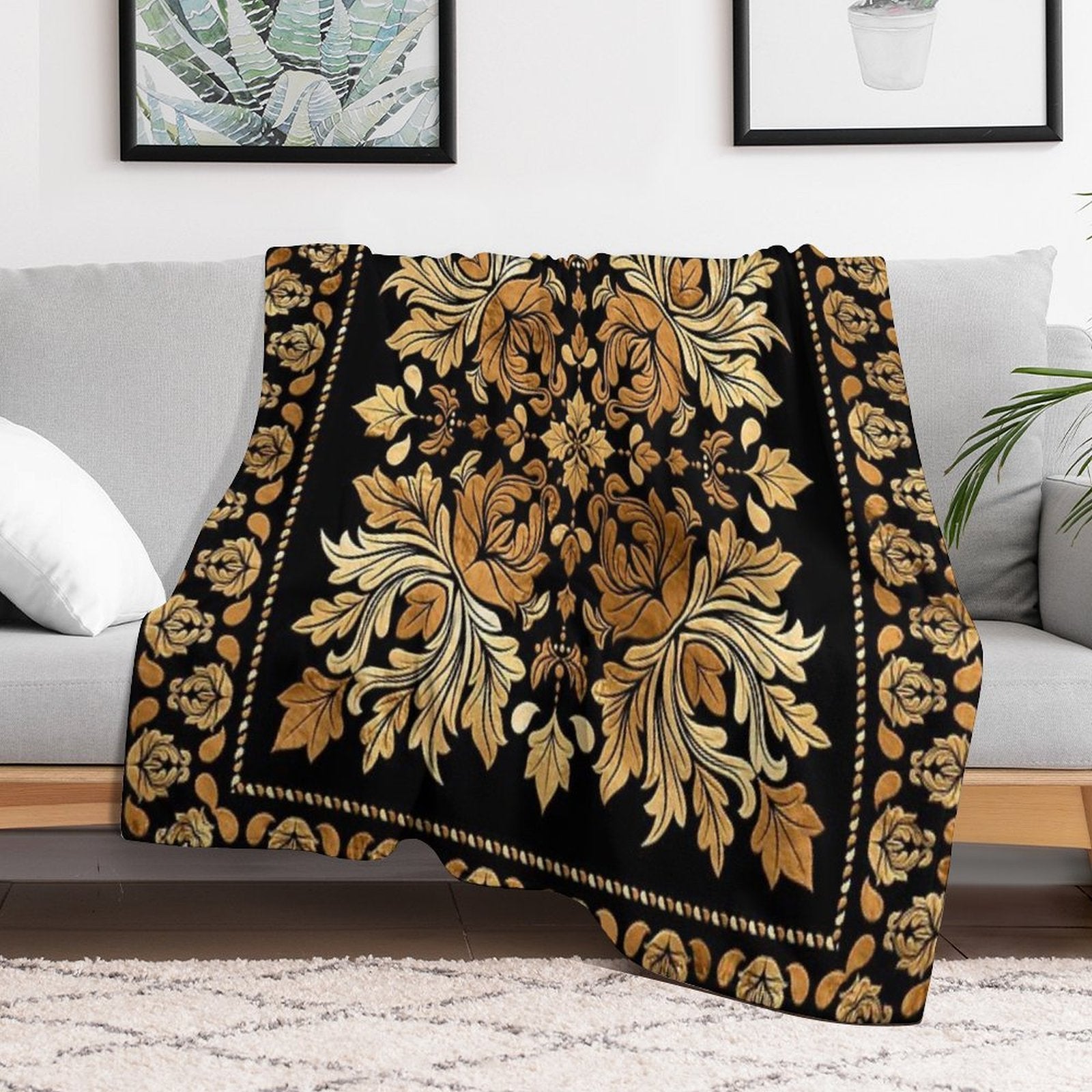 Oriental Vintage Damask Ornament - Black And Gold Comfort Throw Blanket