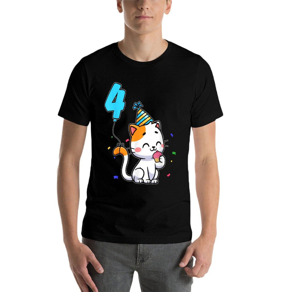 4-Year-Old Kid Cute Cat Party Balloon 4th Birthday  Easy-care T-Shirt