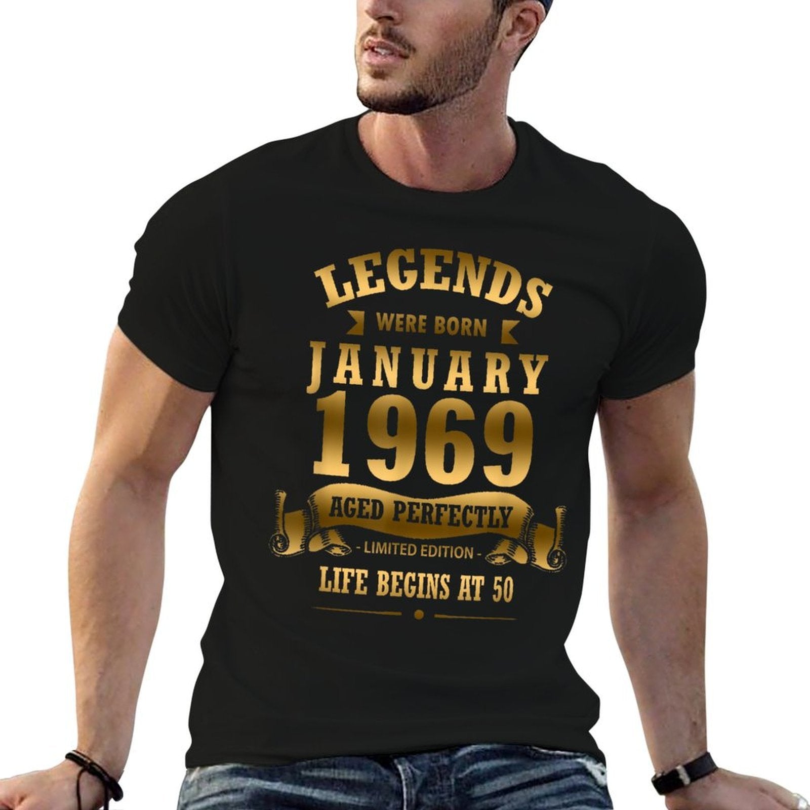 50th Birthday T - Legends Were Born in January 1969  Vintage-inspired T-Shirt