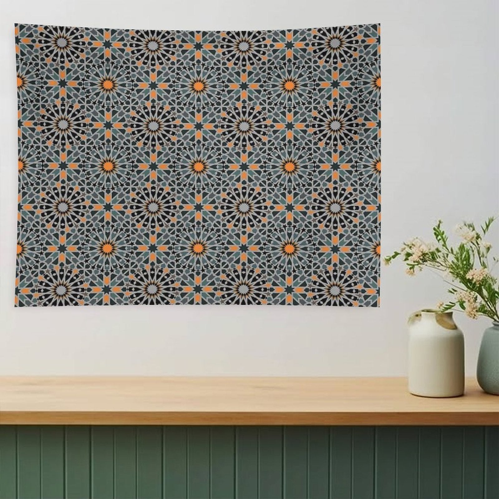 Celestial Illumination Orange Stars in Geometric Night Tapestry