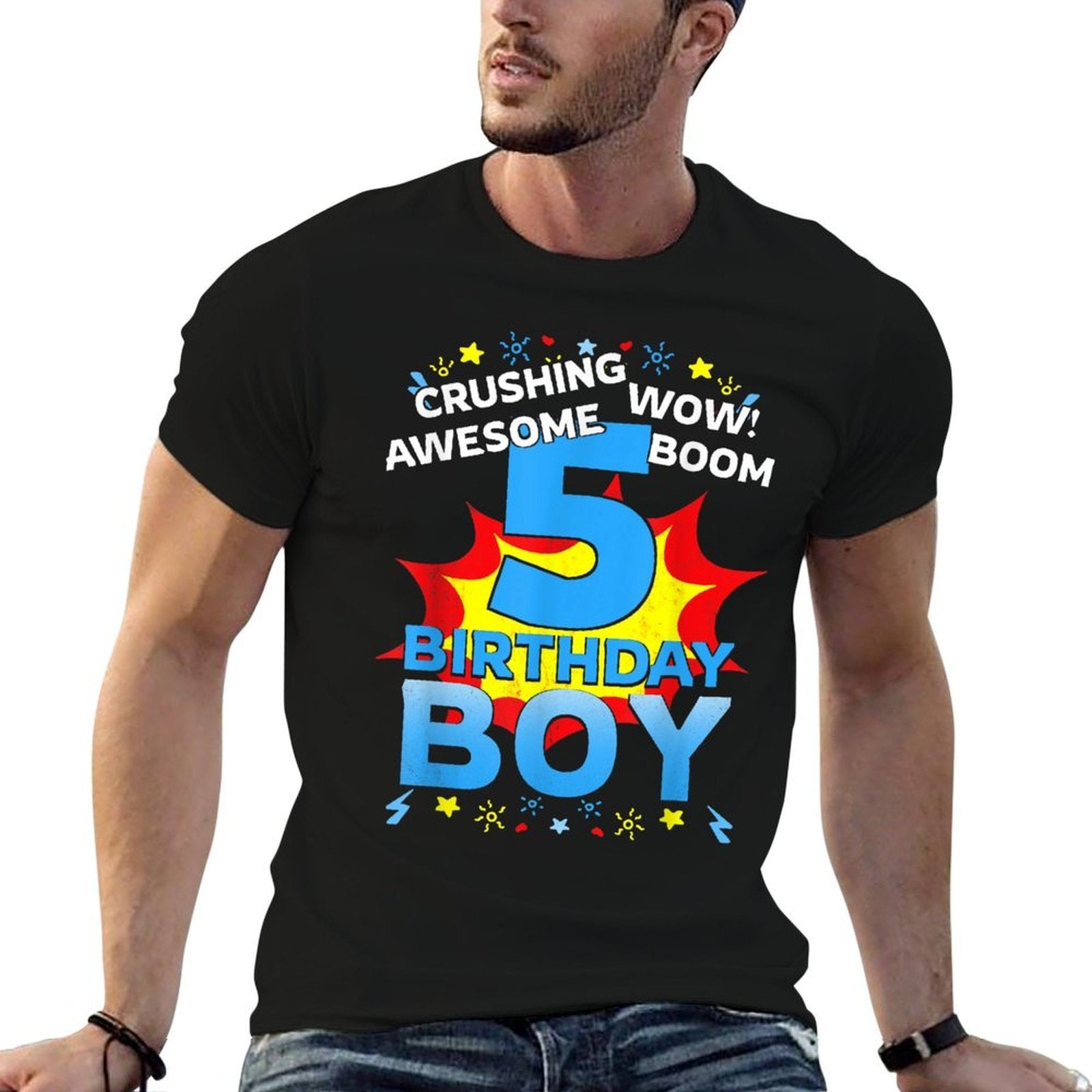 5th Birthday Boys Kids Superhero Comic Party 5 Years Old  Summer-ready Fabric T-Shirt